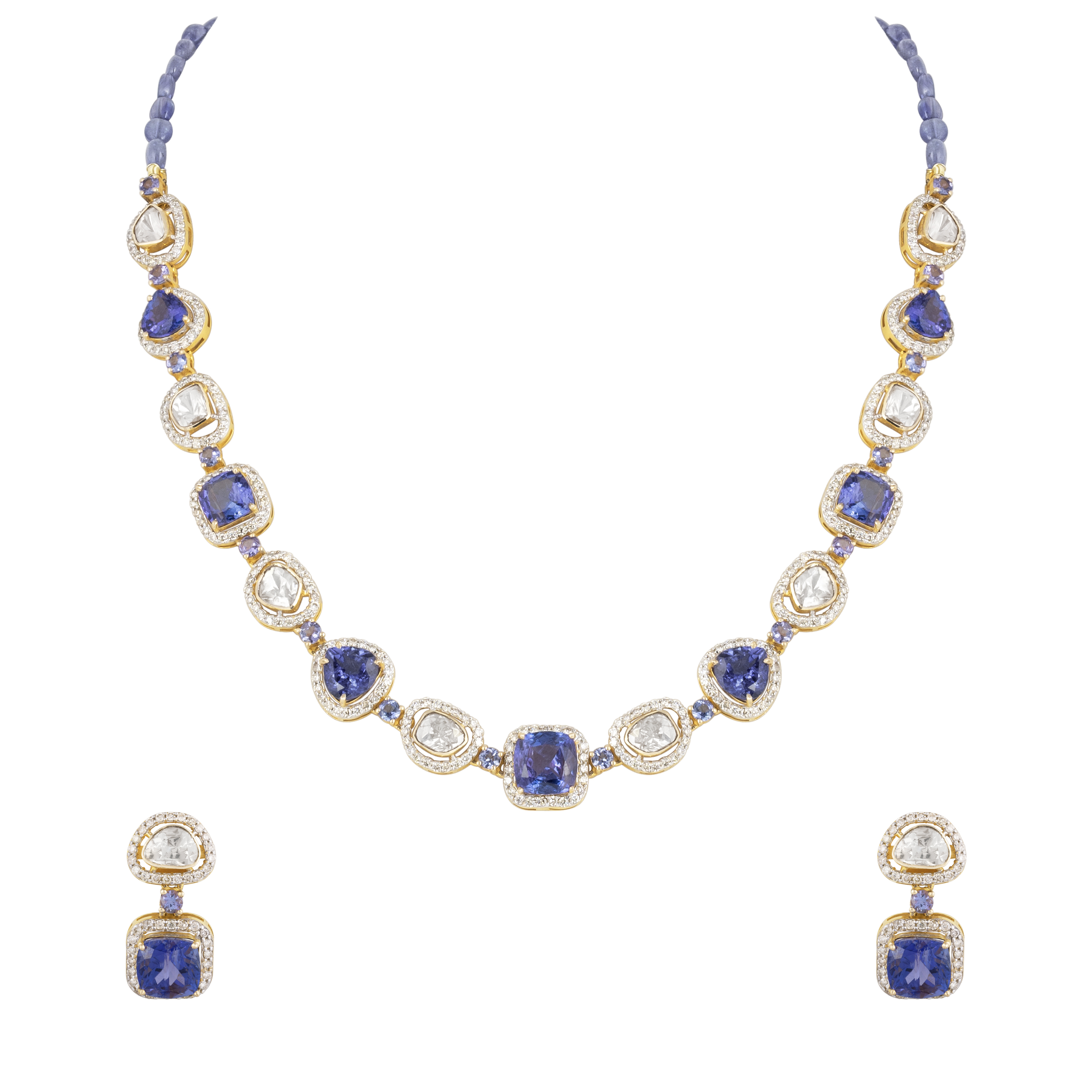 Tanzanite & Polki Diamond Necklace Set with Pave Detailing