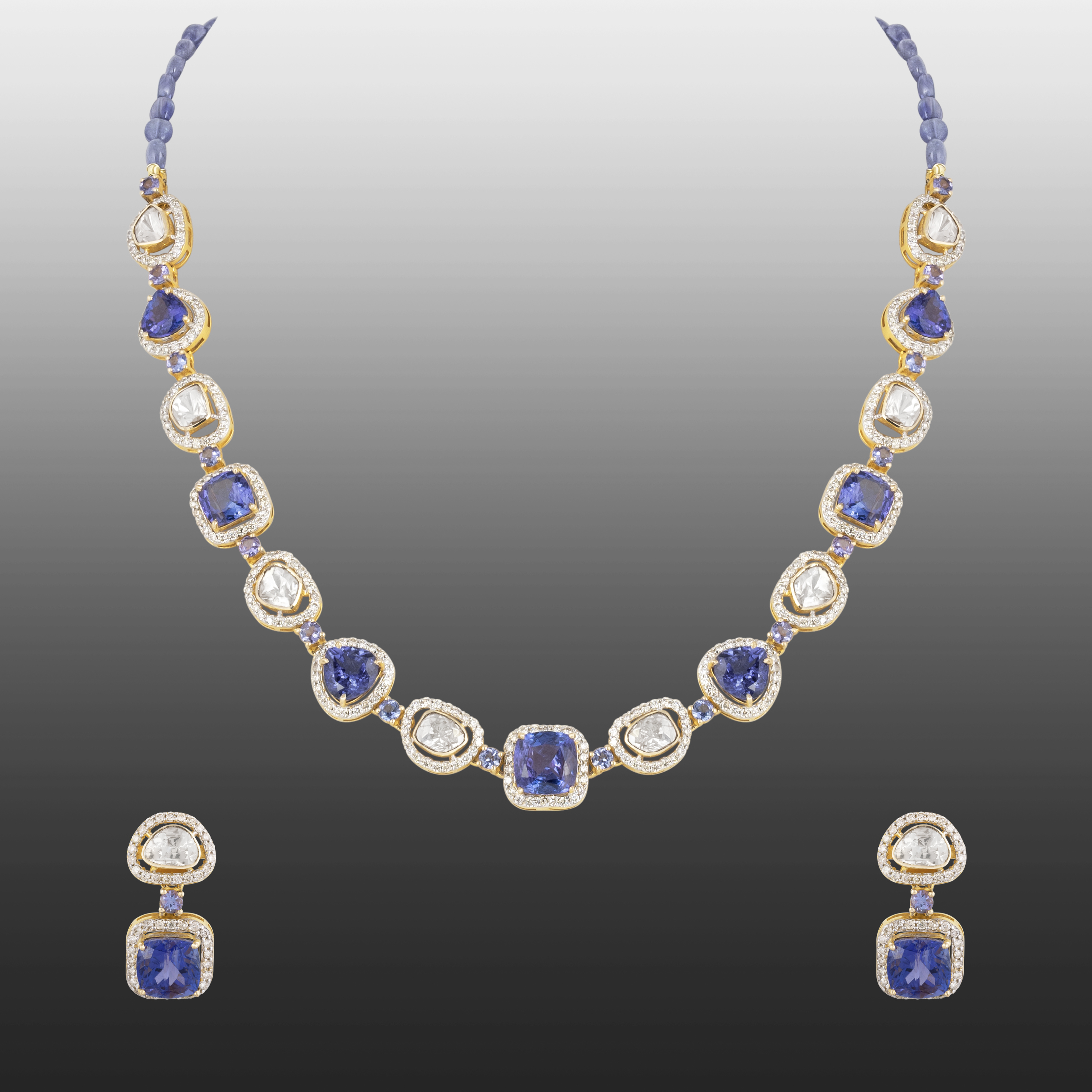Tanzanite & Polki Diamond Necklace Set with Pave Detailing
