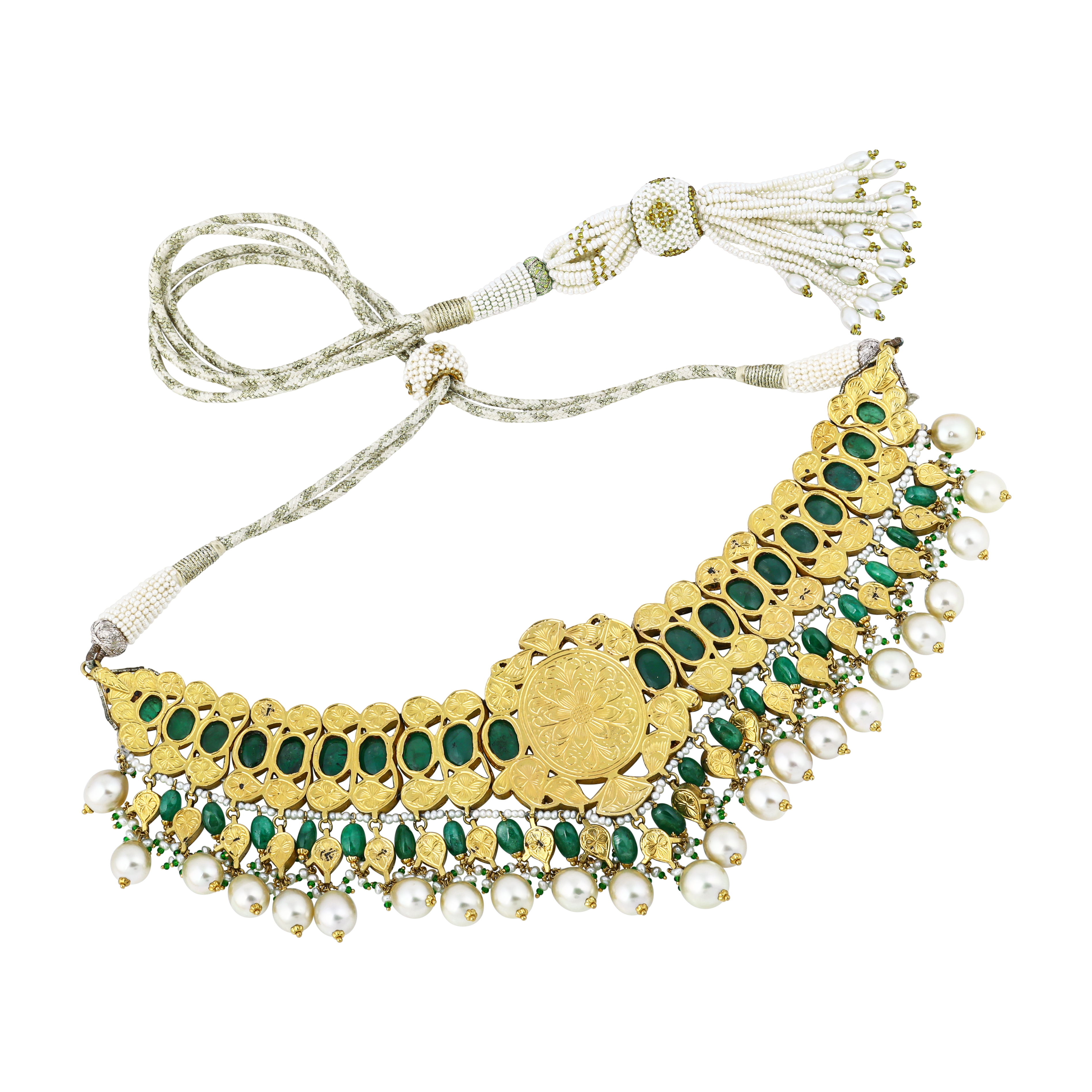 Red and Green Floral Cabochon Choker Set with Pearl Drops