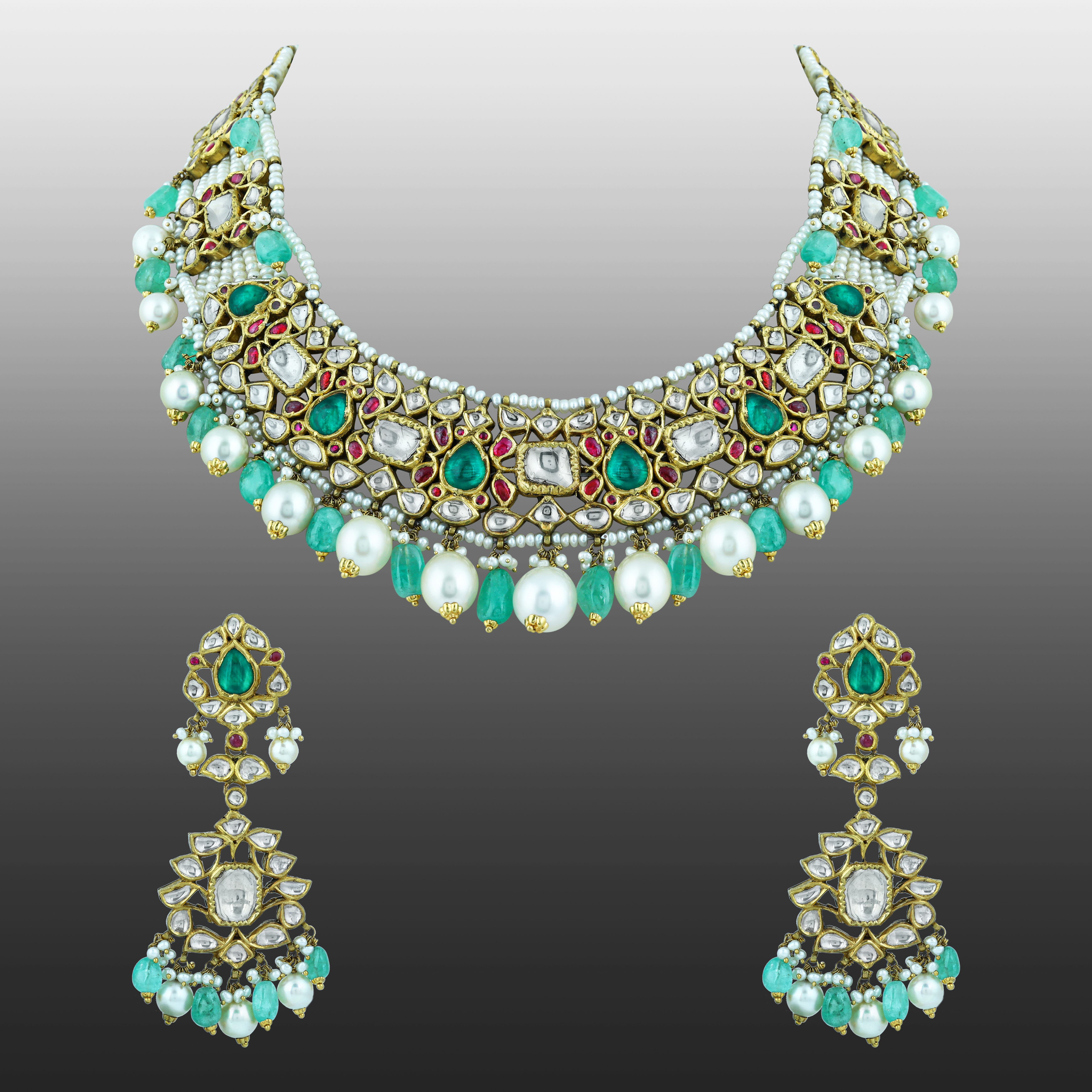 Uncut Diamond Polki Necklace Set with Emerald ,Ruby and Pearls