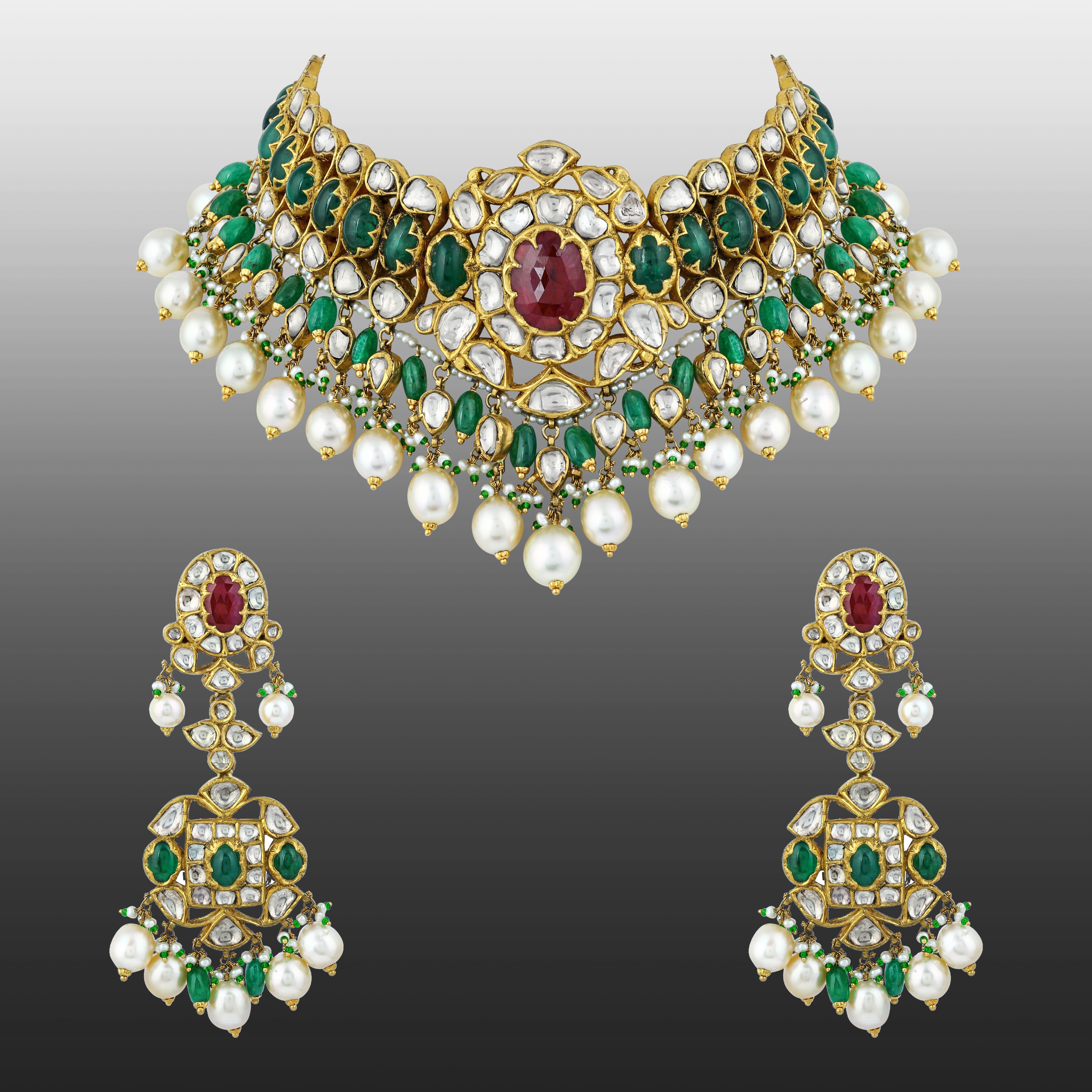 Red and Green Floral Cabochon Choker Set with Pearl Drops