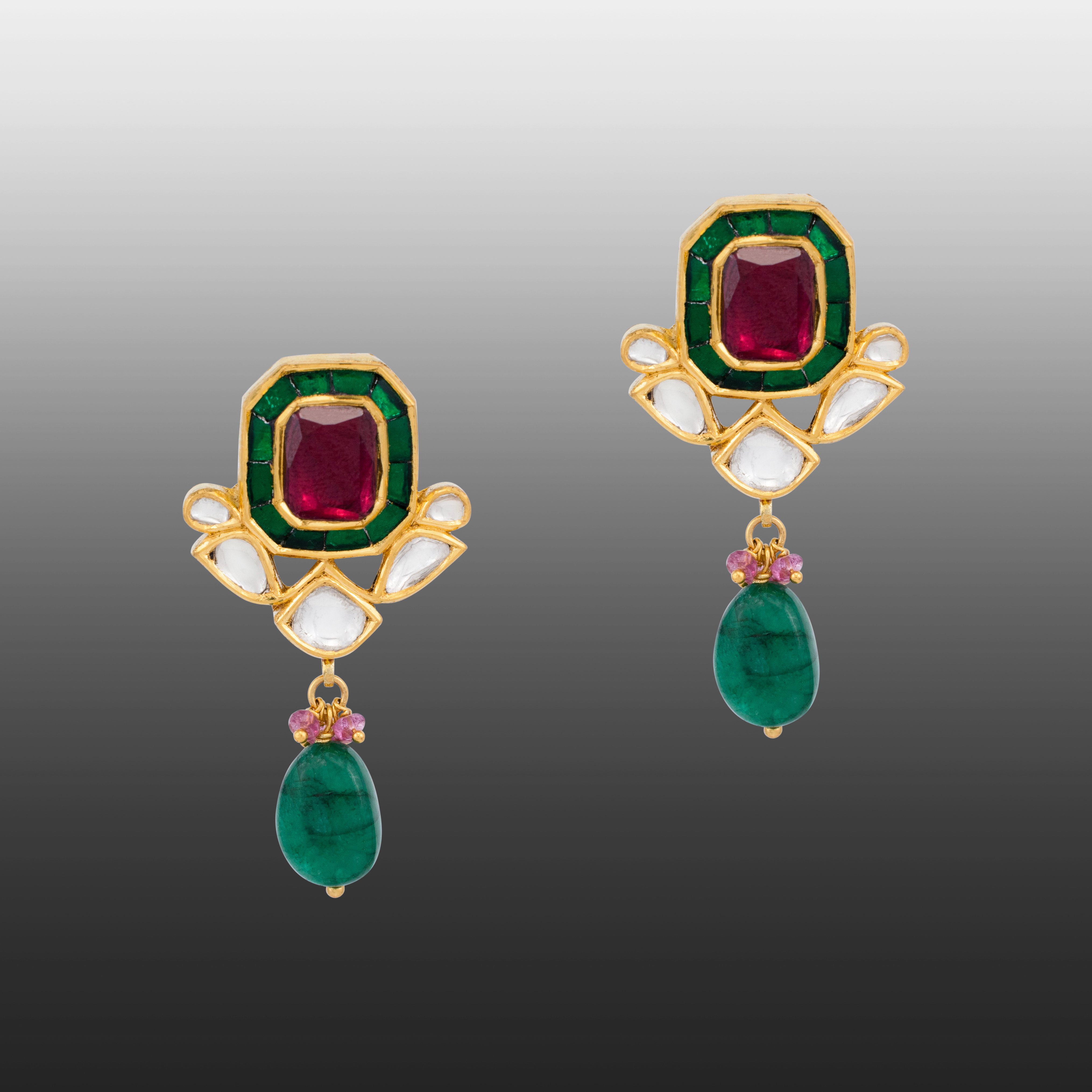 Square Tourmaline Studs with Emerald Drop