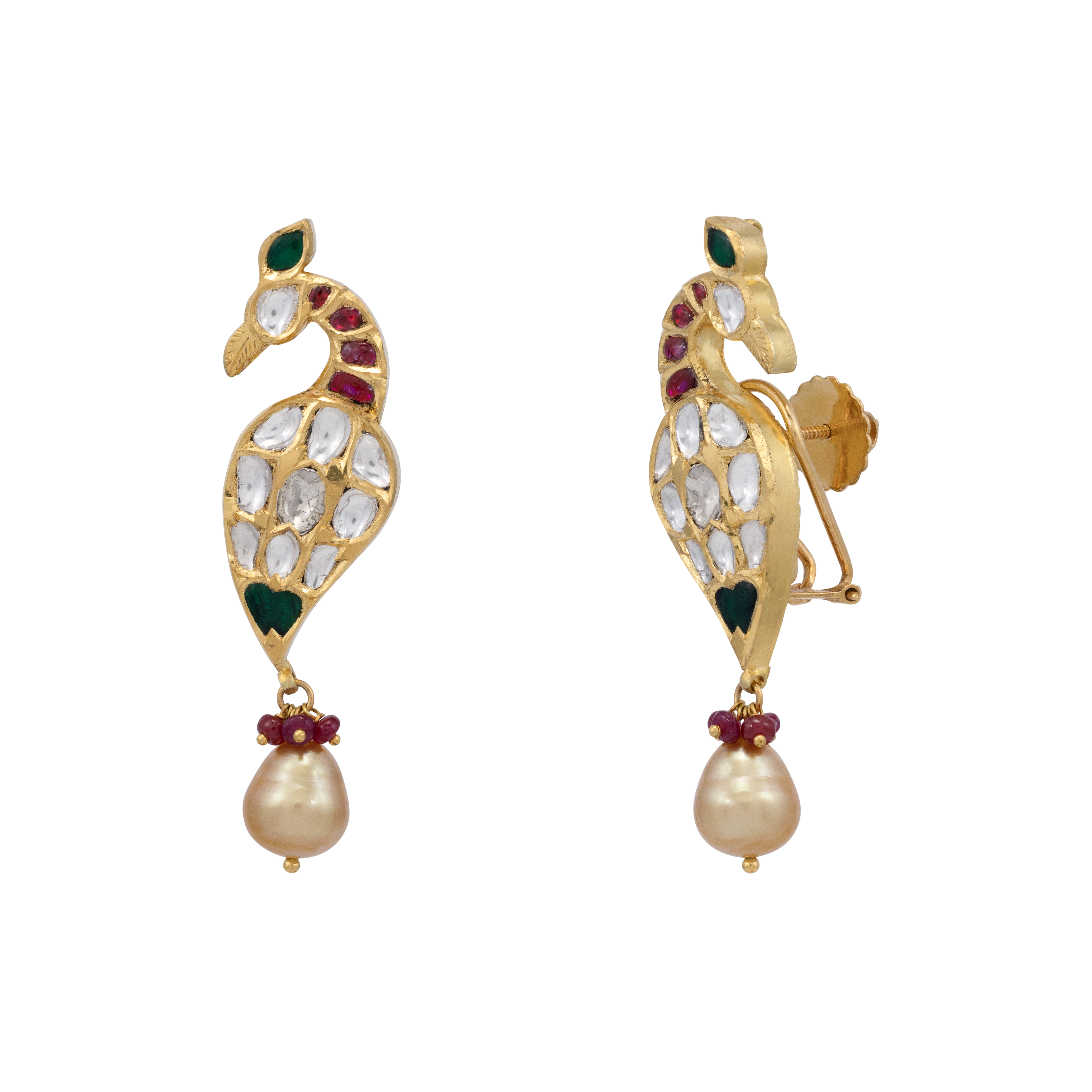 Peacock Motif Earrings with Uncut Polki and Pearl