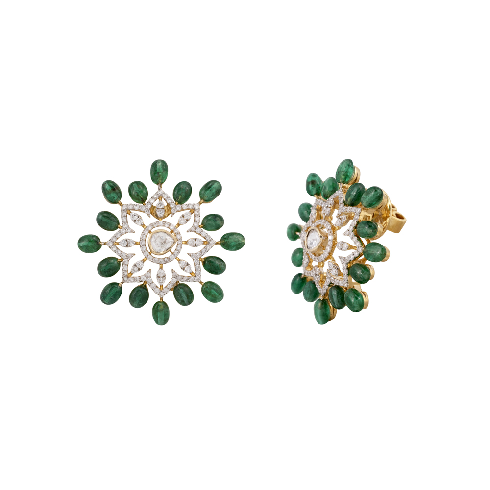 Floral Diamond Studs with Emerald Bead Accents