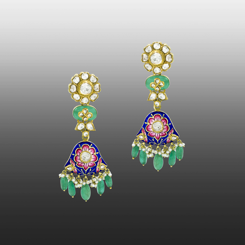 Polki Earrings with Blue-Pink Enamel, Emeralds, and Pearls