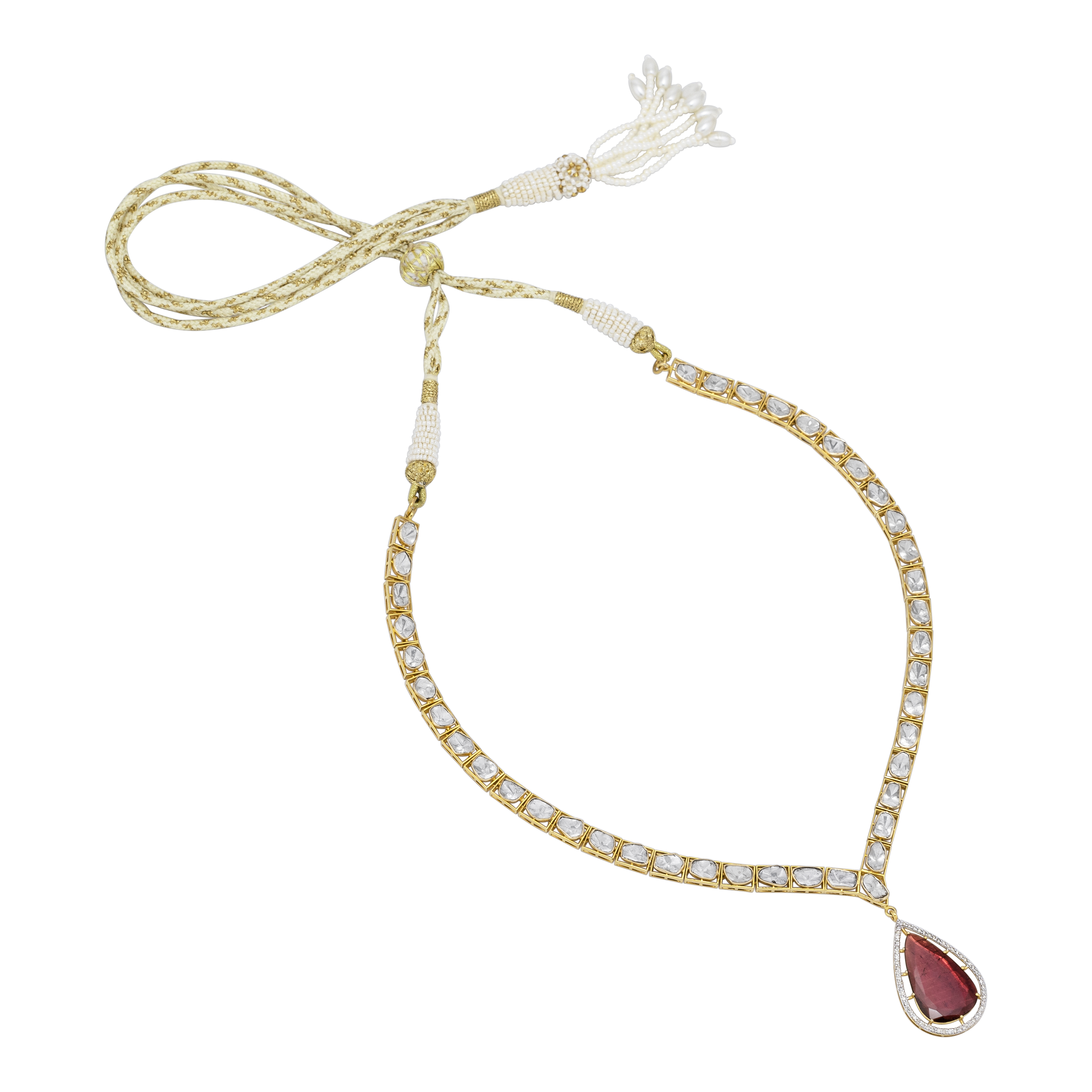 Single-Line Polki Necklace with Tourmaline Drop