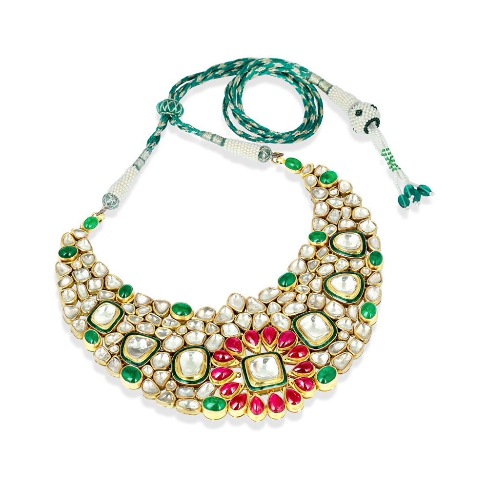 Emerald Cabochon Necklace with Polki and Ruby Floral Motif