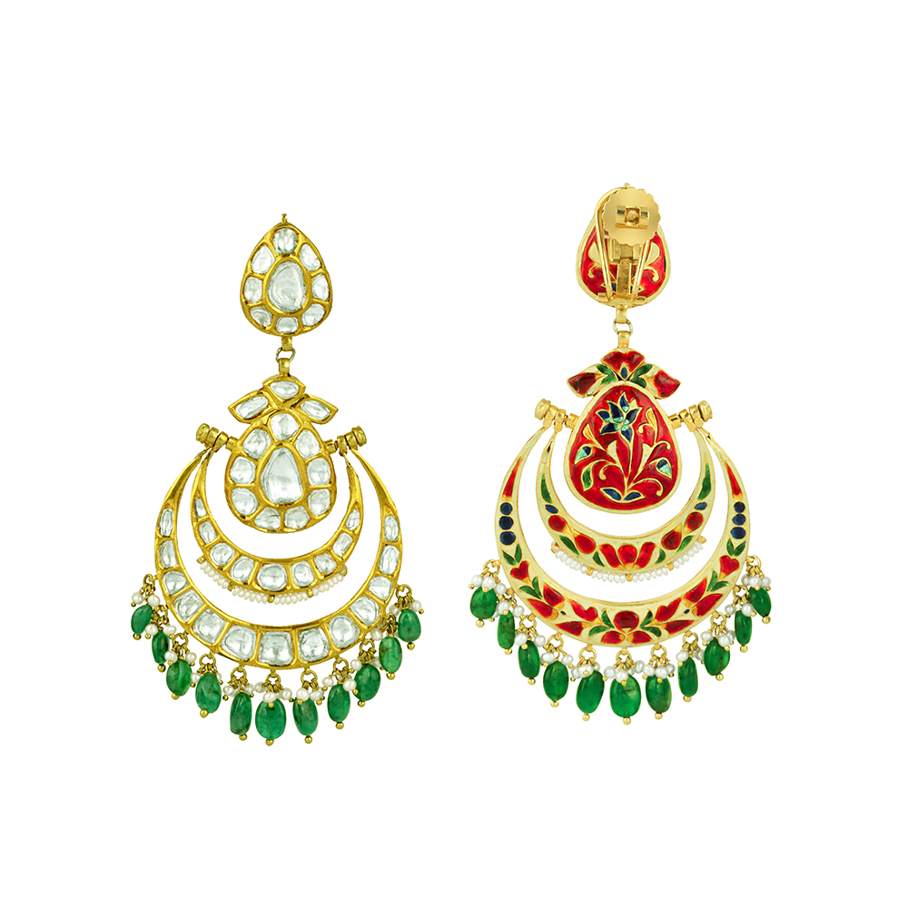 Chandbali Earrings with Polki, Emerald Maniya, and Pearls