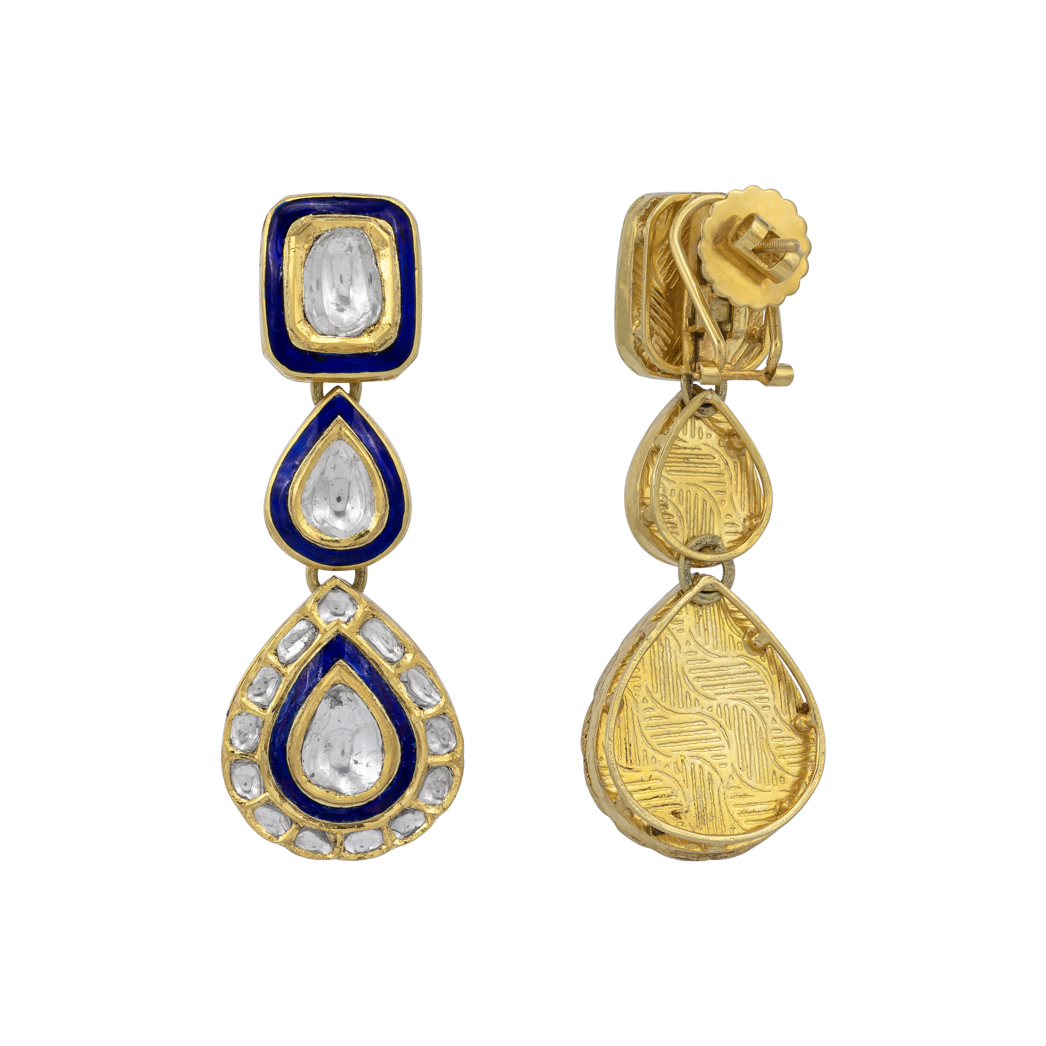 Three-Drop Polki Earrings with Enamel Detailing