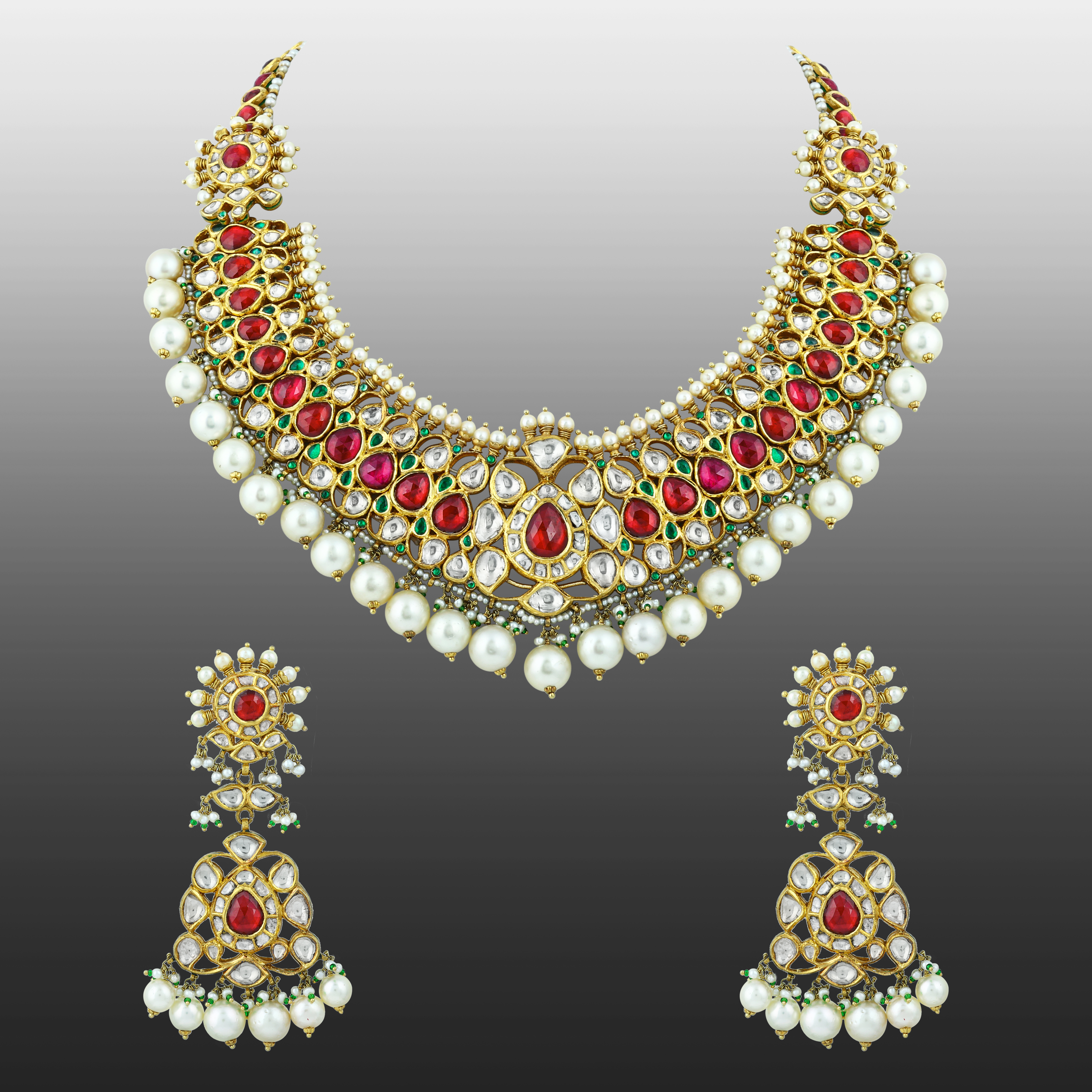 Red Stone Necklace Set with Polkis & Pearl Drops