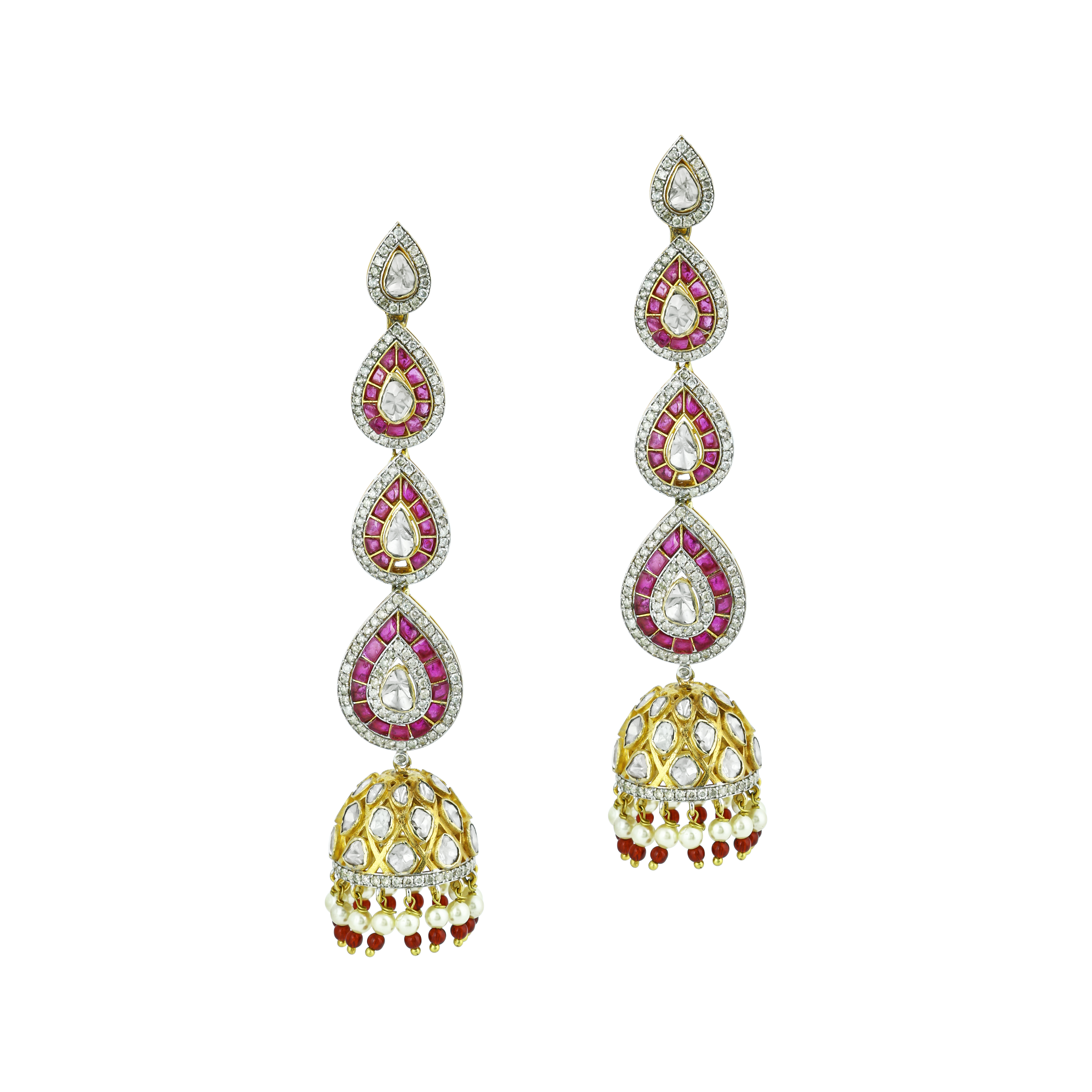 Cascading Polki Earrings with Red Talafs and Jhumka Design