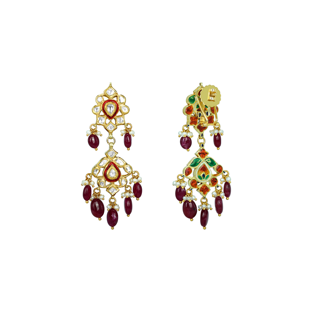 Polki Earrings with Ruby Drops and Dual Enamel Motifs
