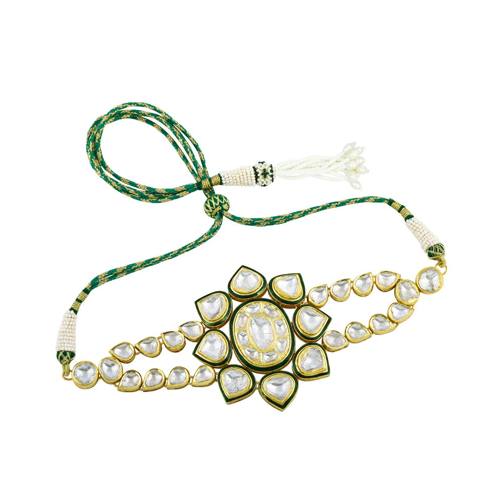 Flower Polki Choker with Green Enamel and Dual Polki Strings