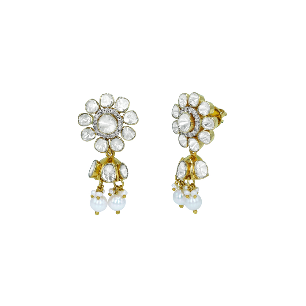 Blooming Polki Diamond Earrings with Graceful Pearl Drops