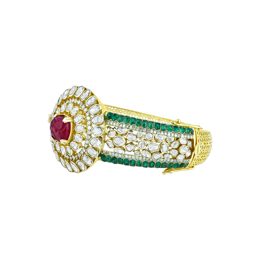 Polki Bangle with Carved Red Stone, Emerald Talafs and Latticework