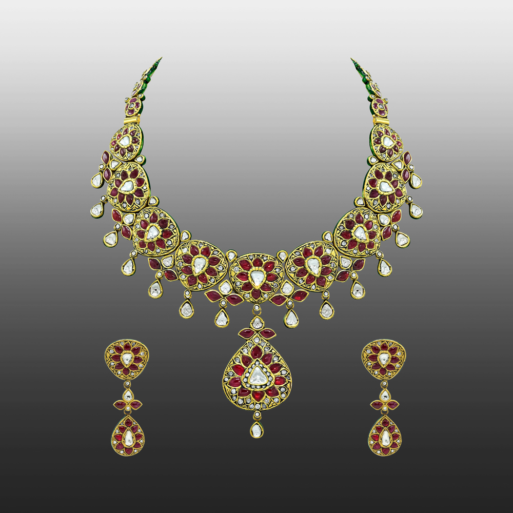 Red Talaf Necklace Set with Polki and Drop Details