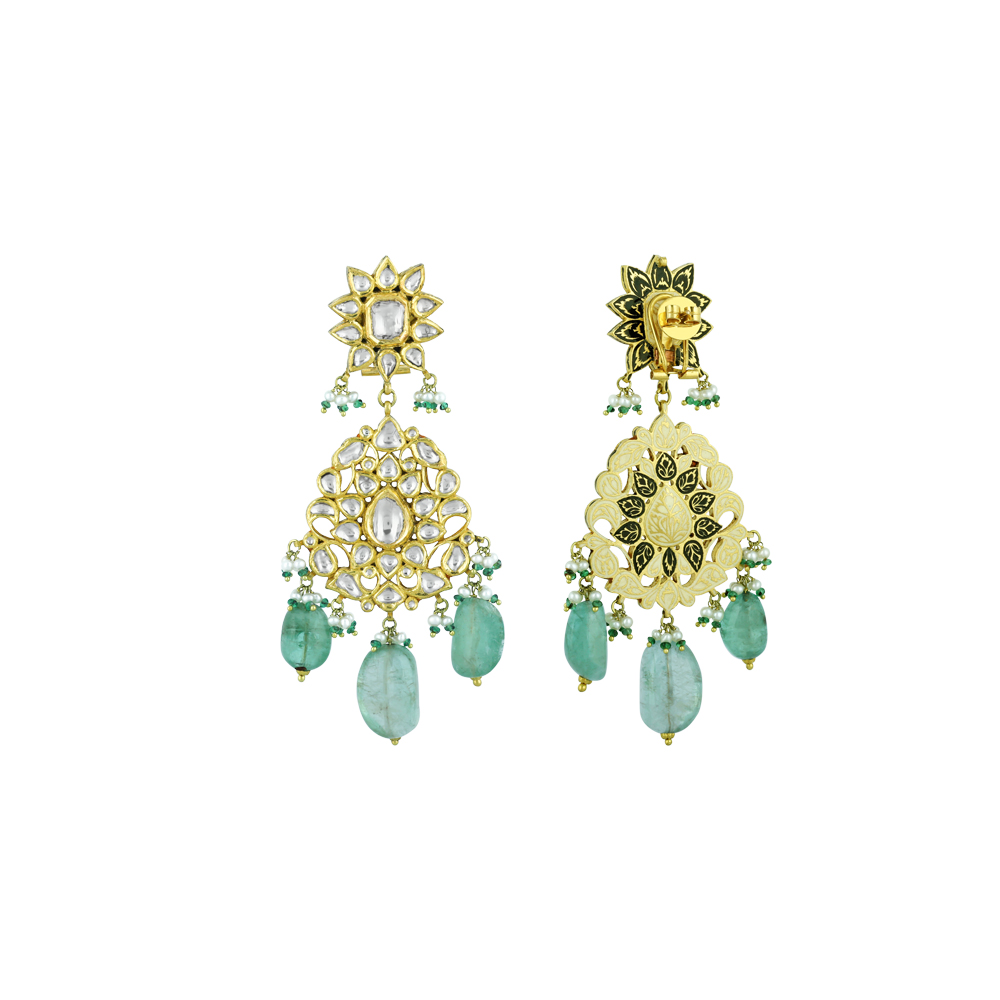 Polki Necklace Set with Gold Detailing and Emerald Drops