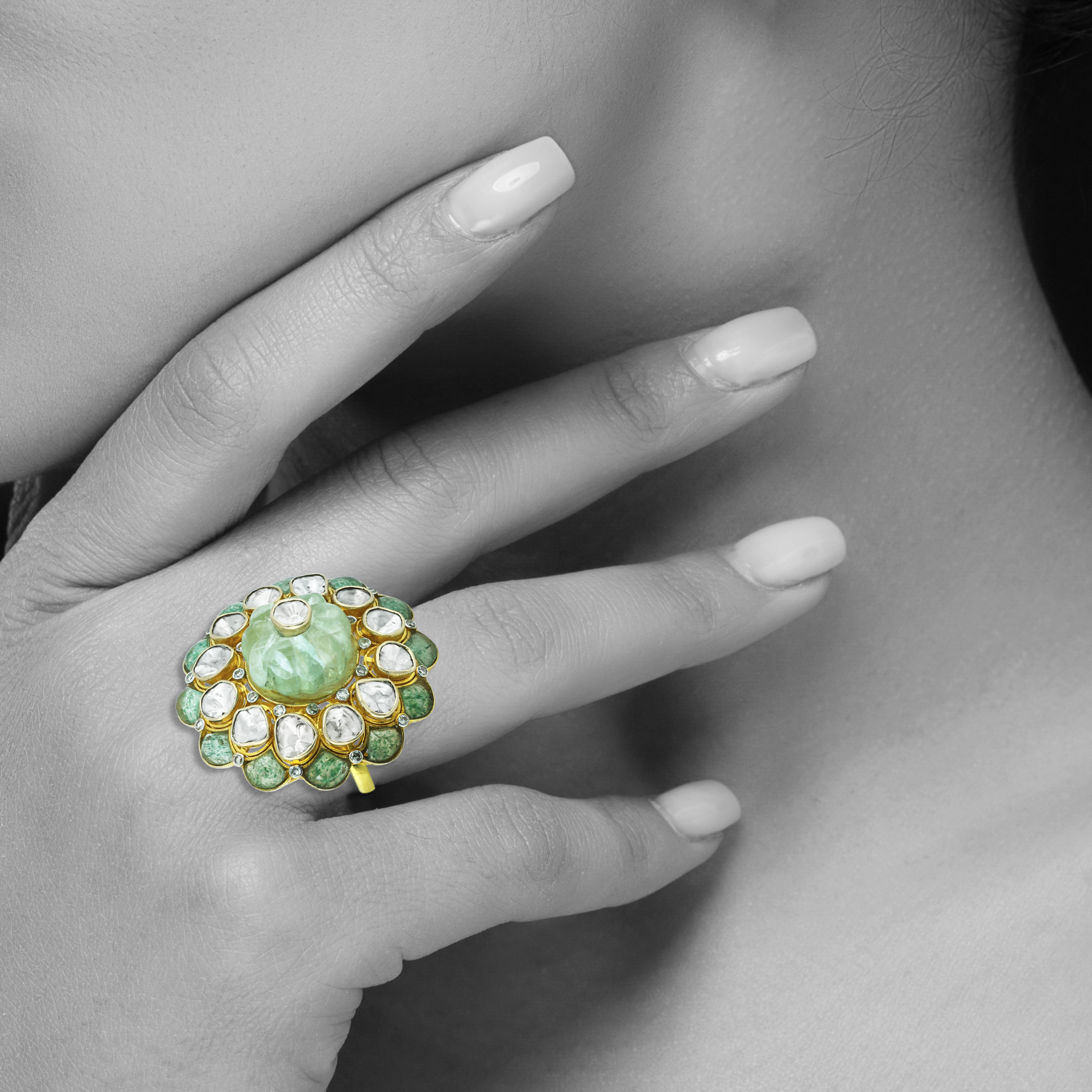 Floral Open Polki Ring with Center Melon Stone