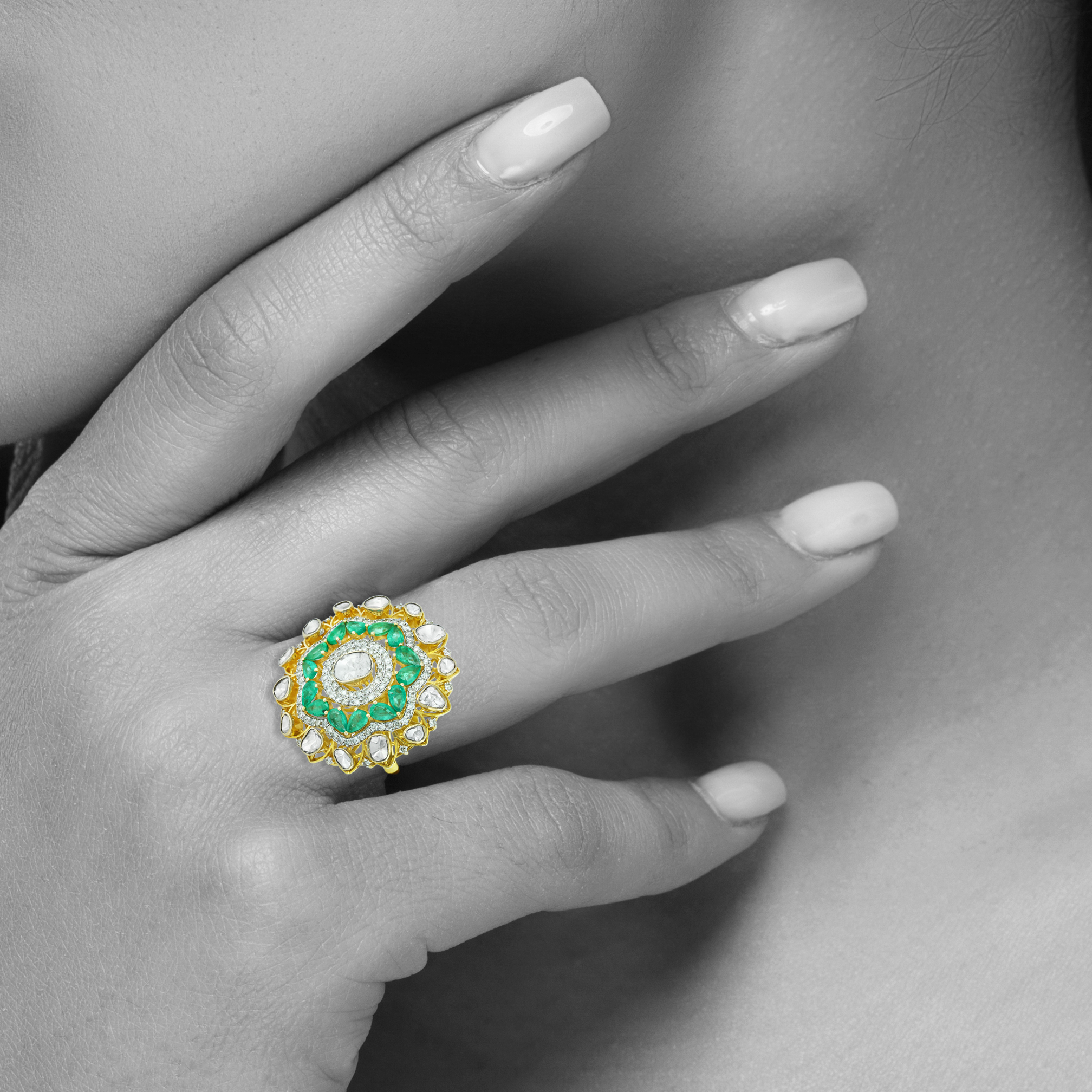 Polki Ring with Green Cut Stone and Diamond Border