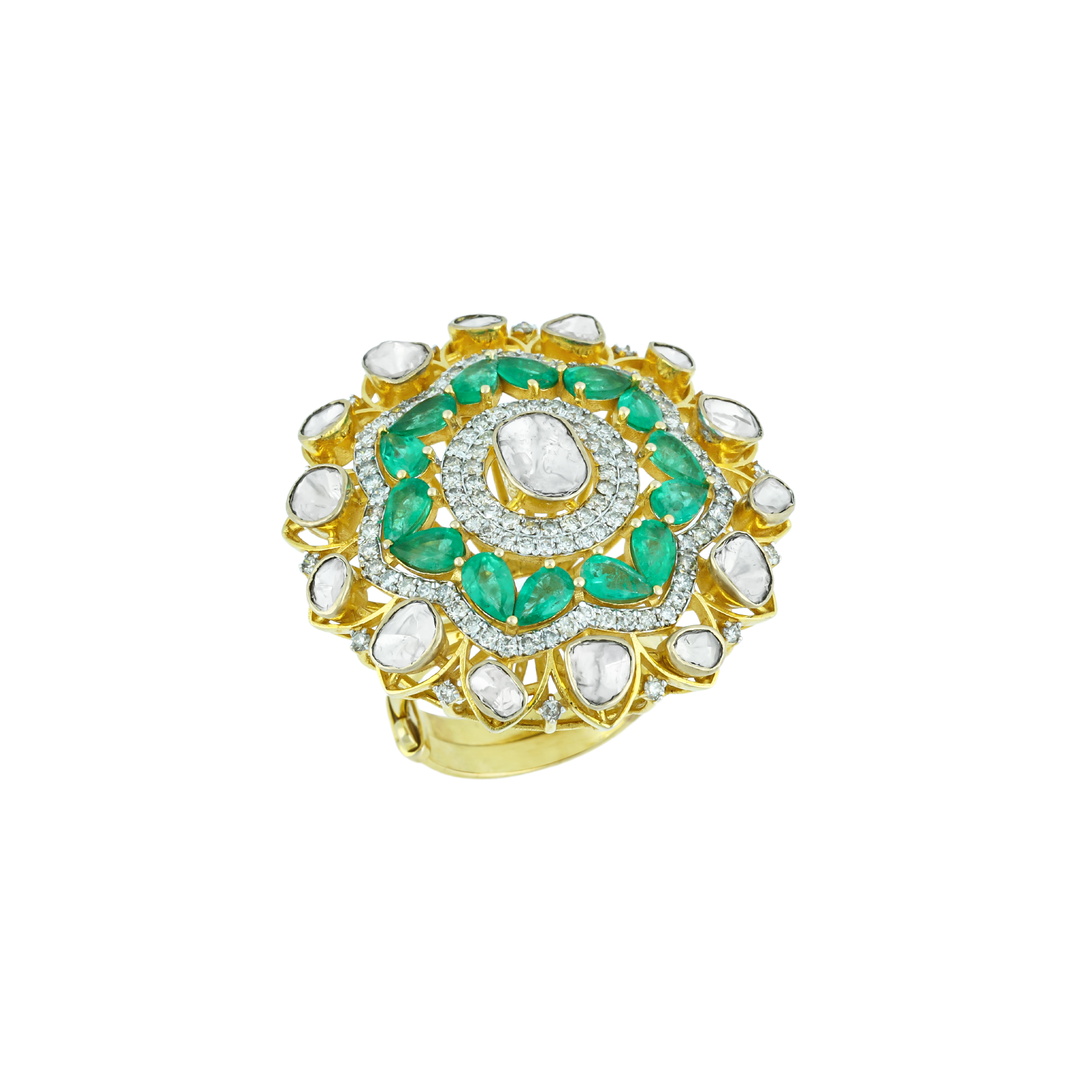 Polki Ring with Green Cut Stone and Diamond Border