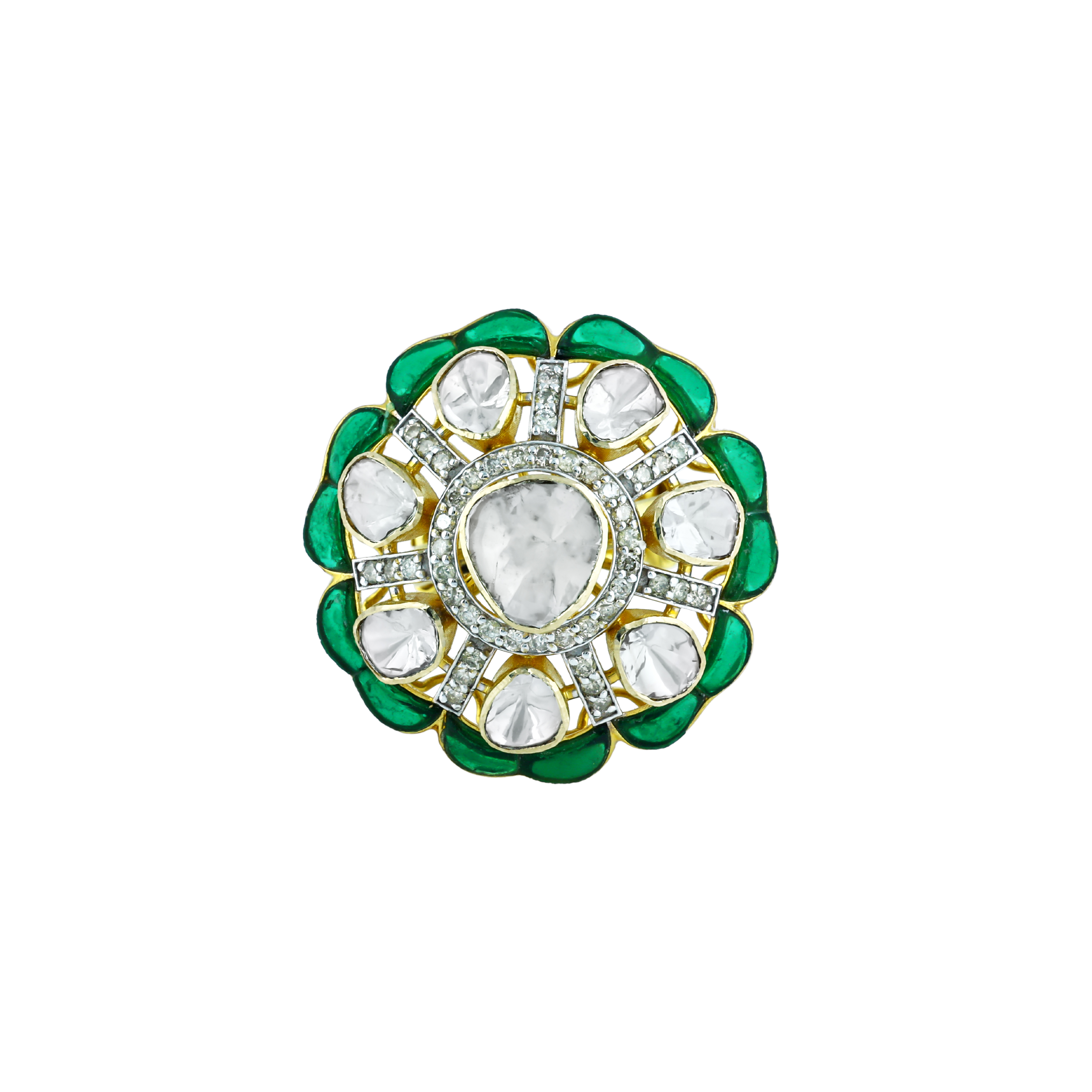 Statement Polki Ring with Green Talaf and Diamond Accents