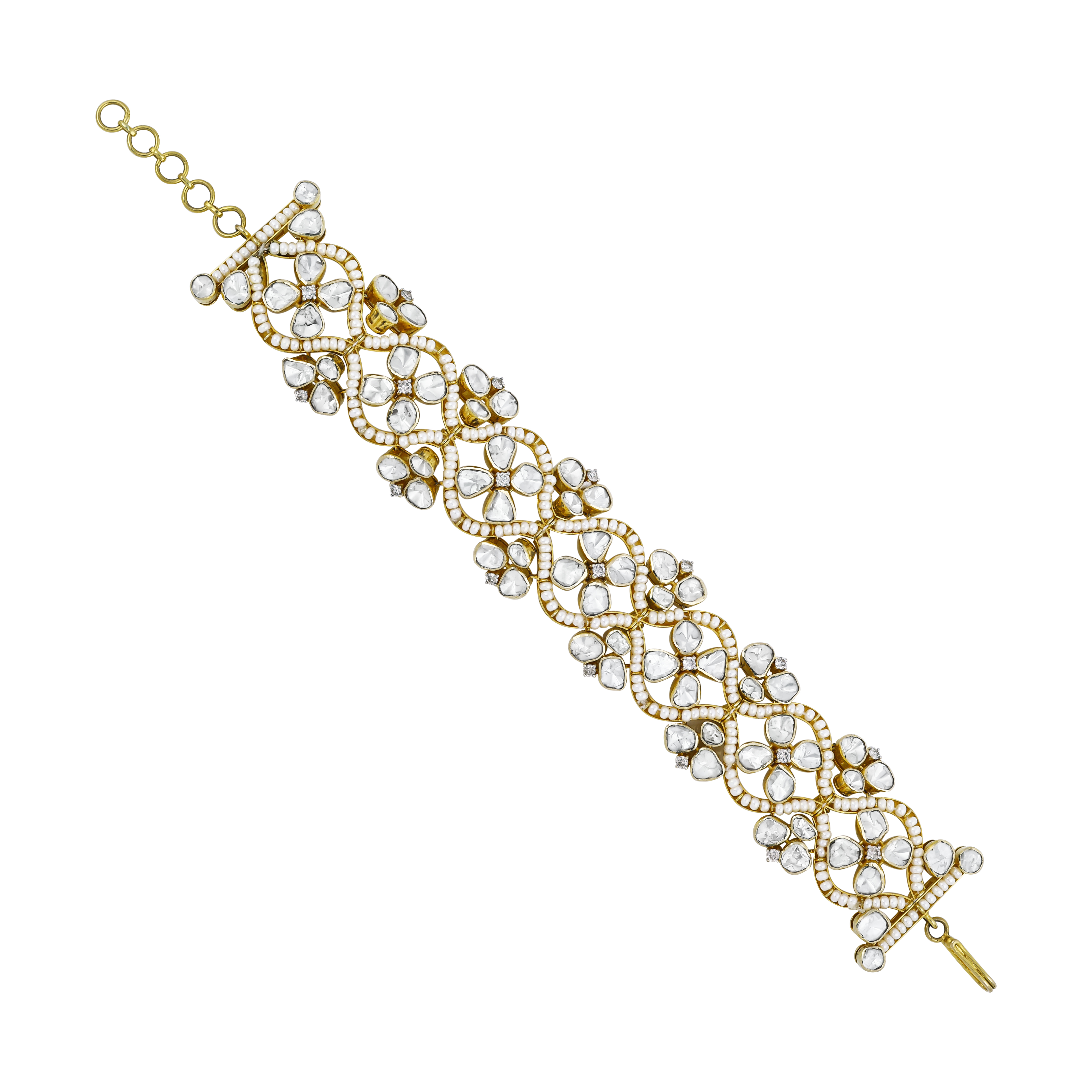 Floral Polki Bracelet with Lattice Design and Gold Clasp