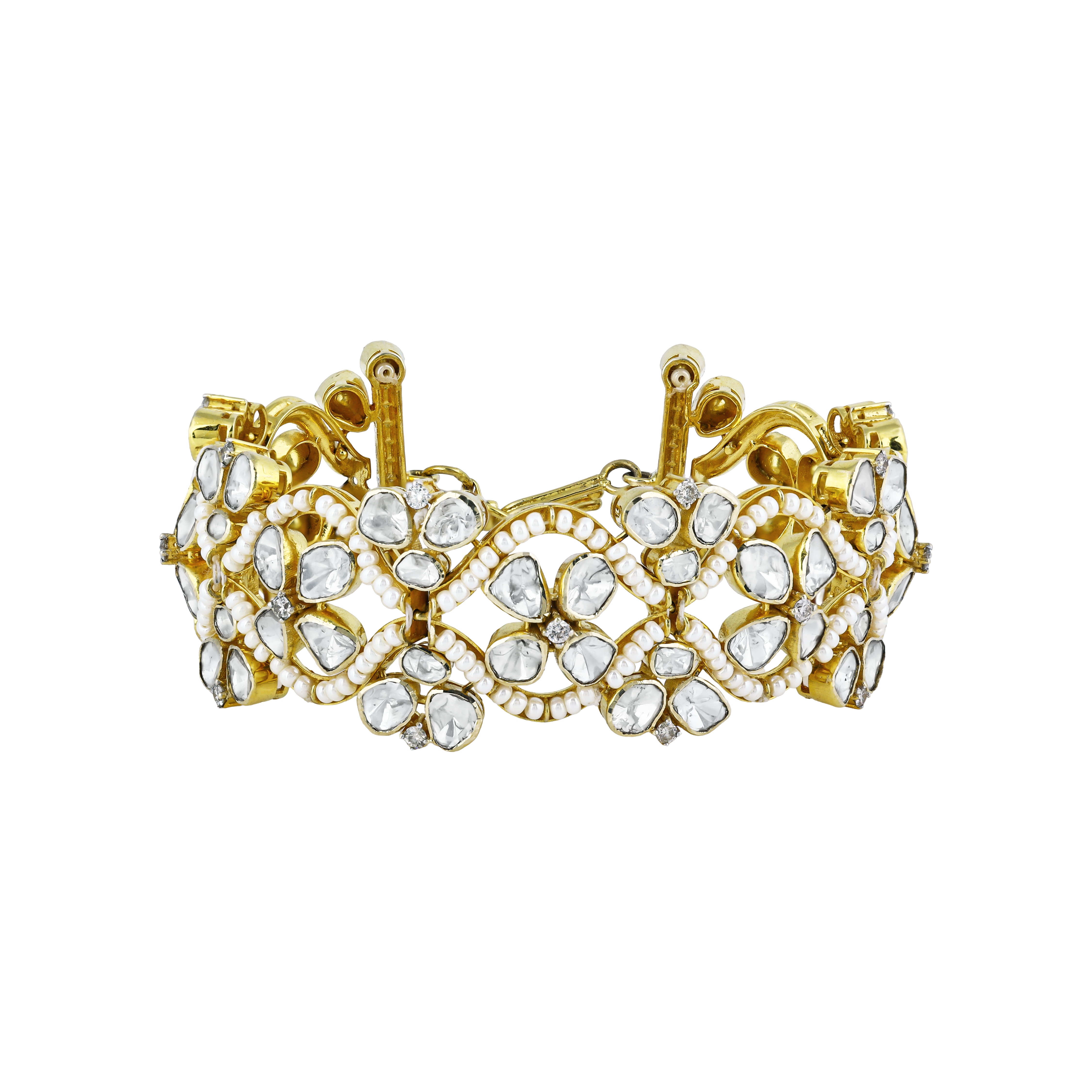 Floral Polki Bracelet with Lattice Design and Gold Clasp