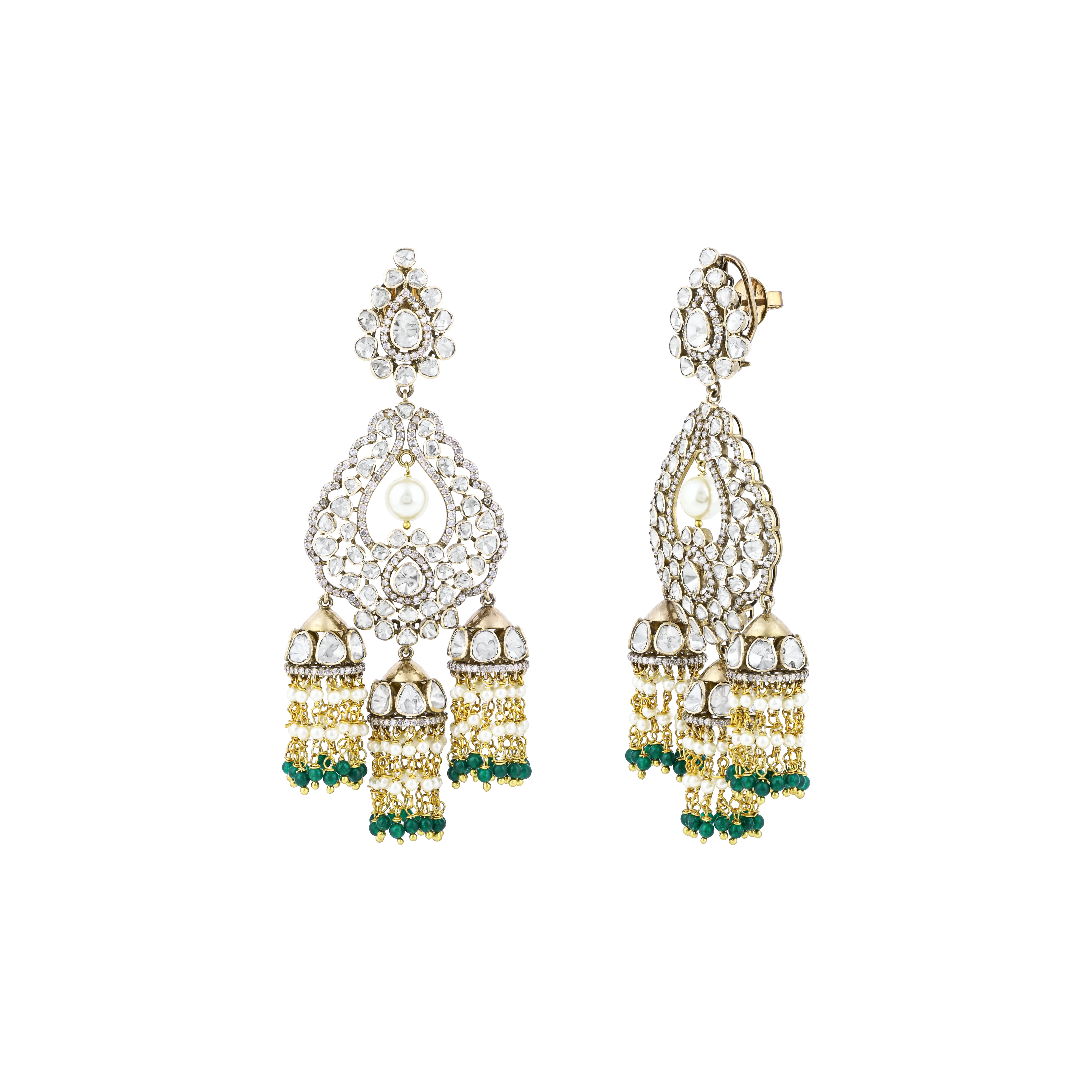 Polki Jhumki Earrings with Pearl Drop, Green Beads, and Diamonds