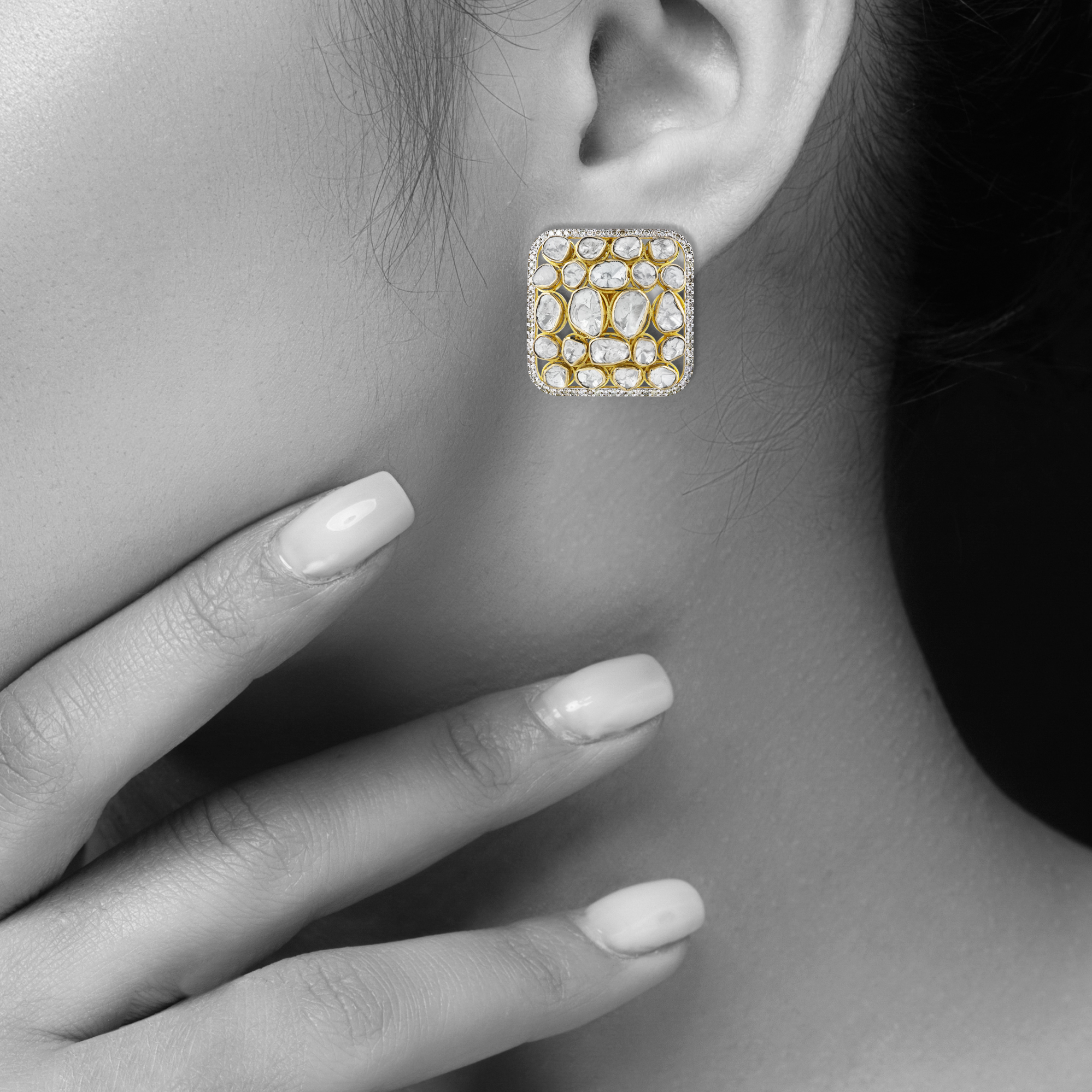 Square Diamond Earrings with Unshaped Cluster Polki