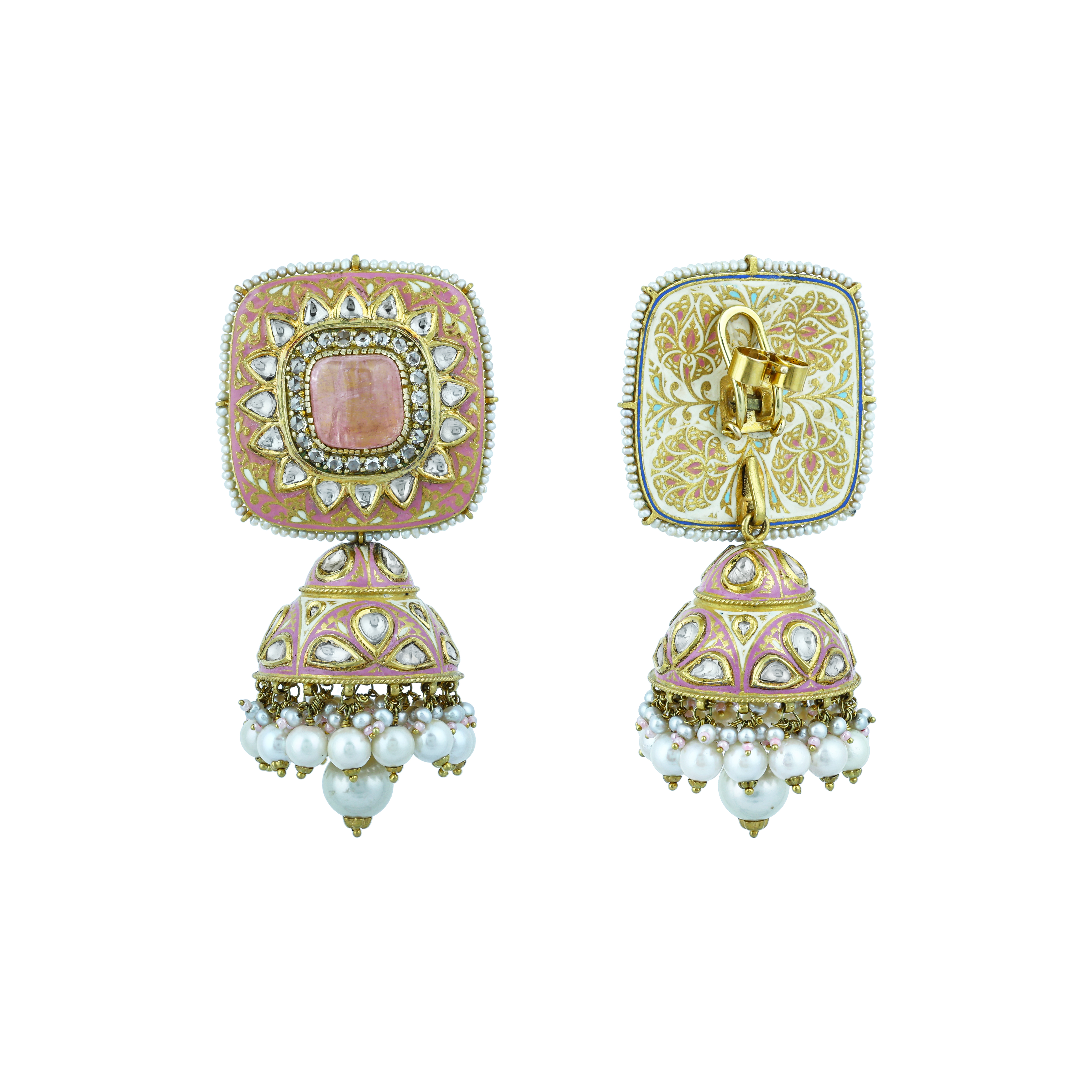 Rose Enamel Choker Set with Square Polki and Pearl Drops