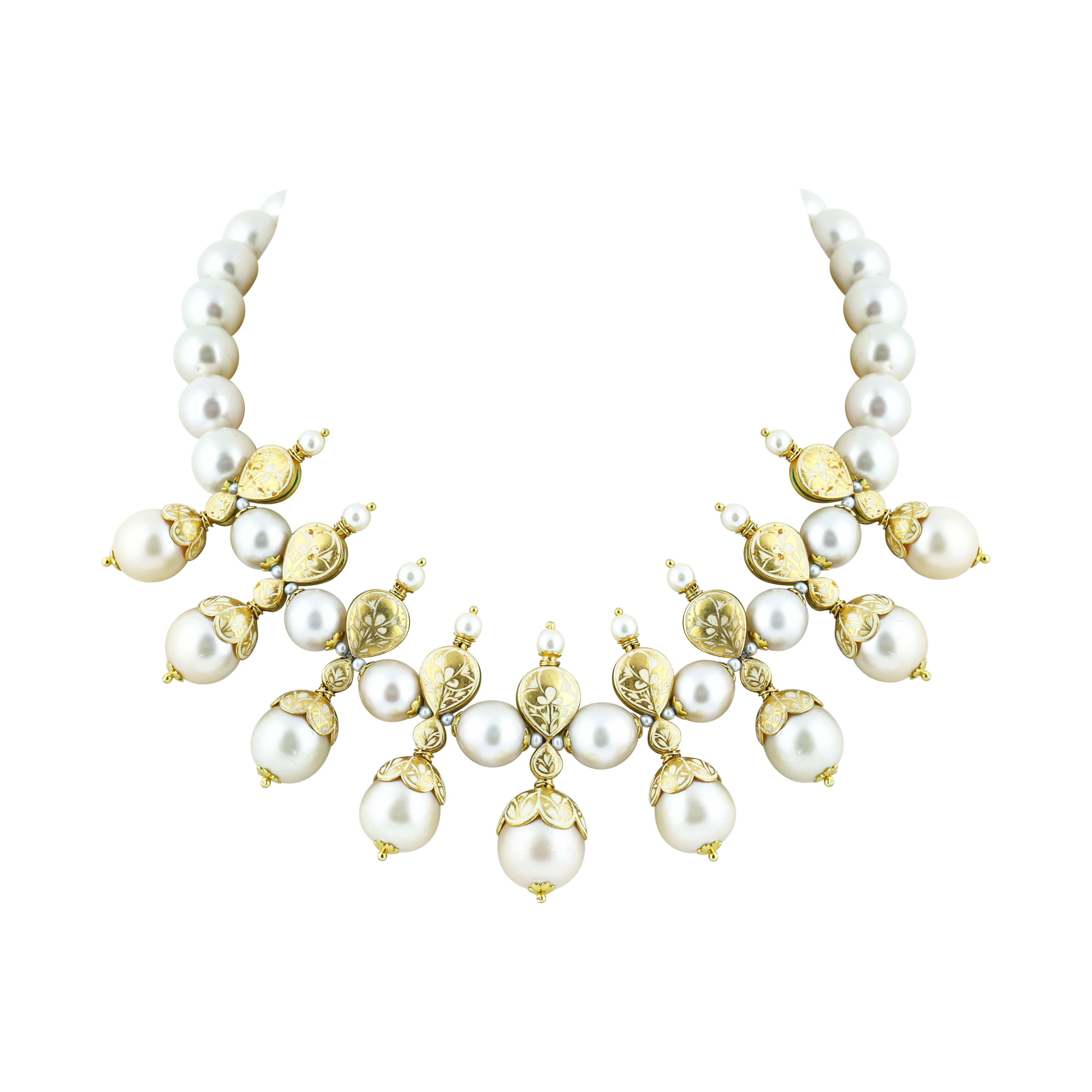 Pearl Necklace Set with Gold Work and Polki Motifs