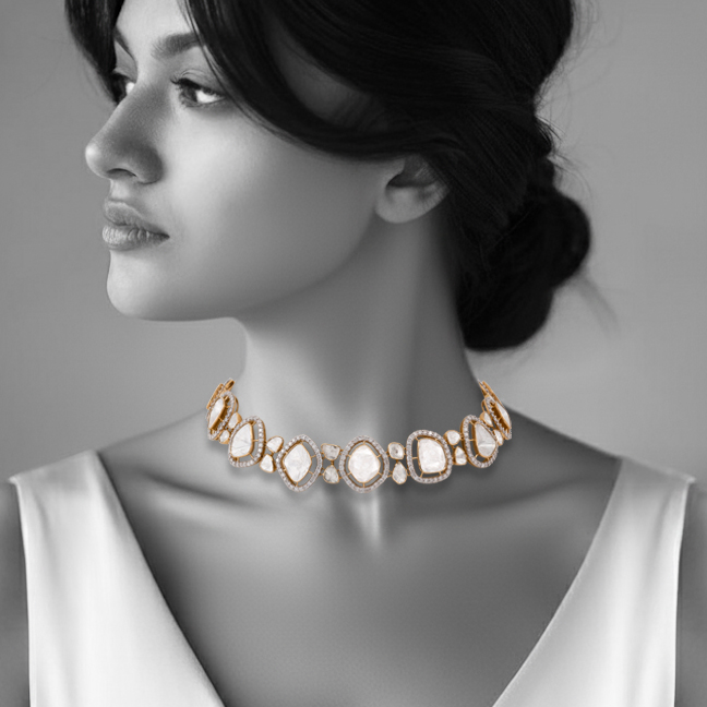 Open Polki Diamond Choker with Gold and Diamond Halos