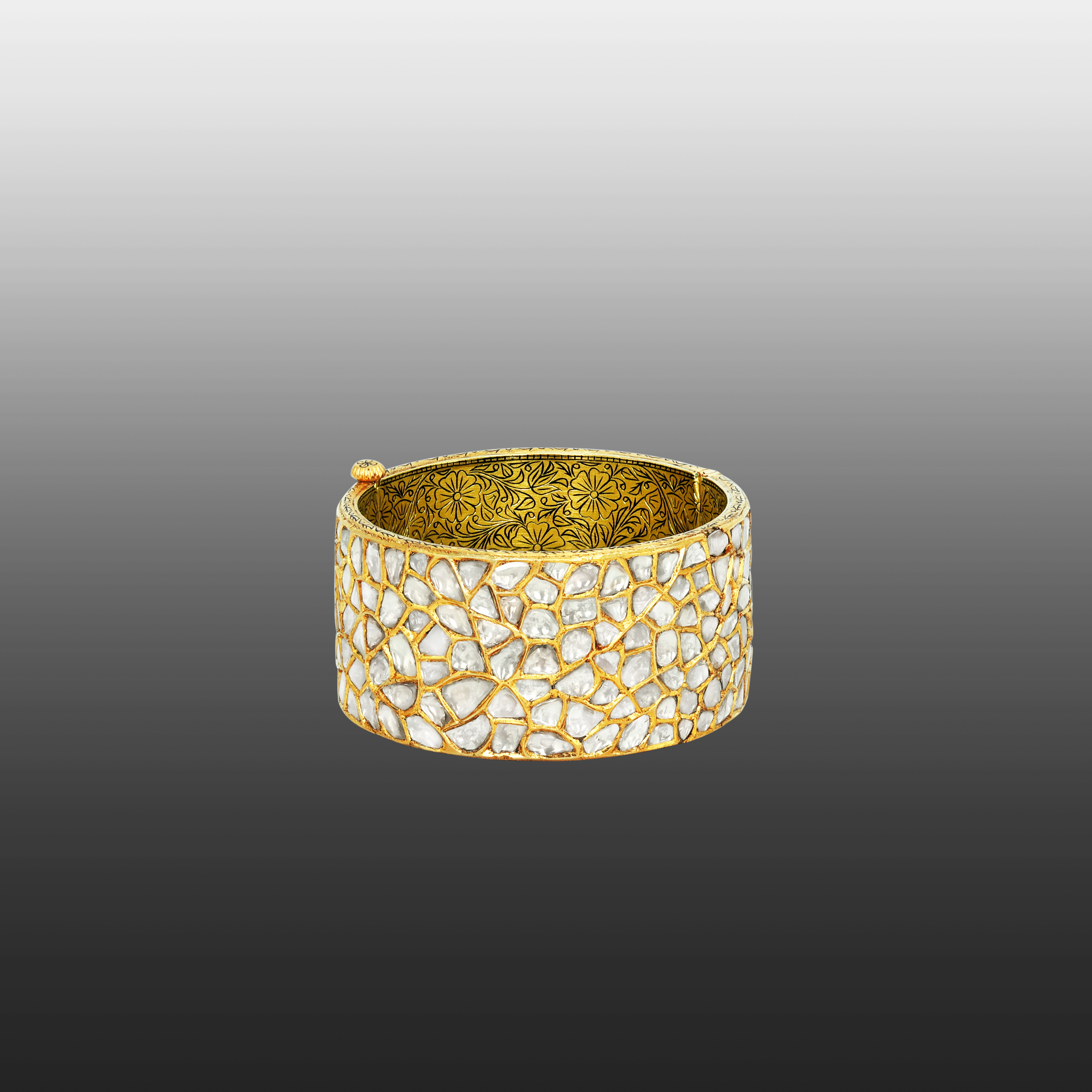 Raw Polki Cluster Bangle with Floral Etched Inner Band