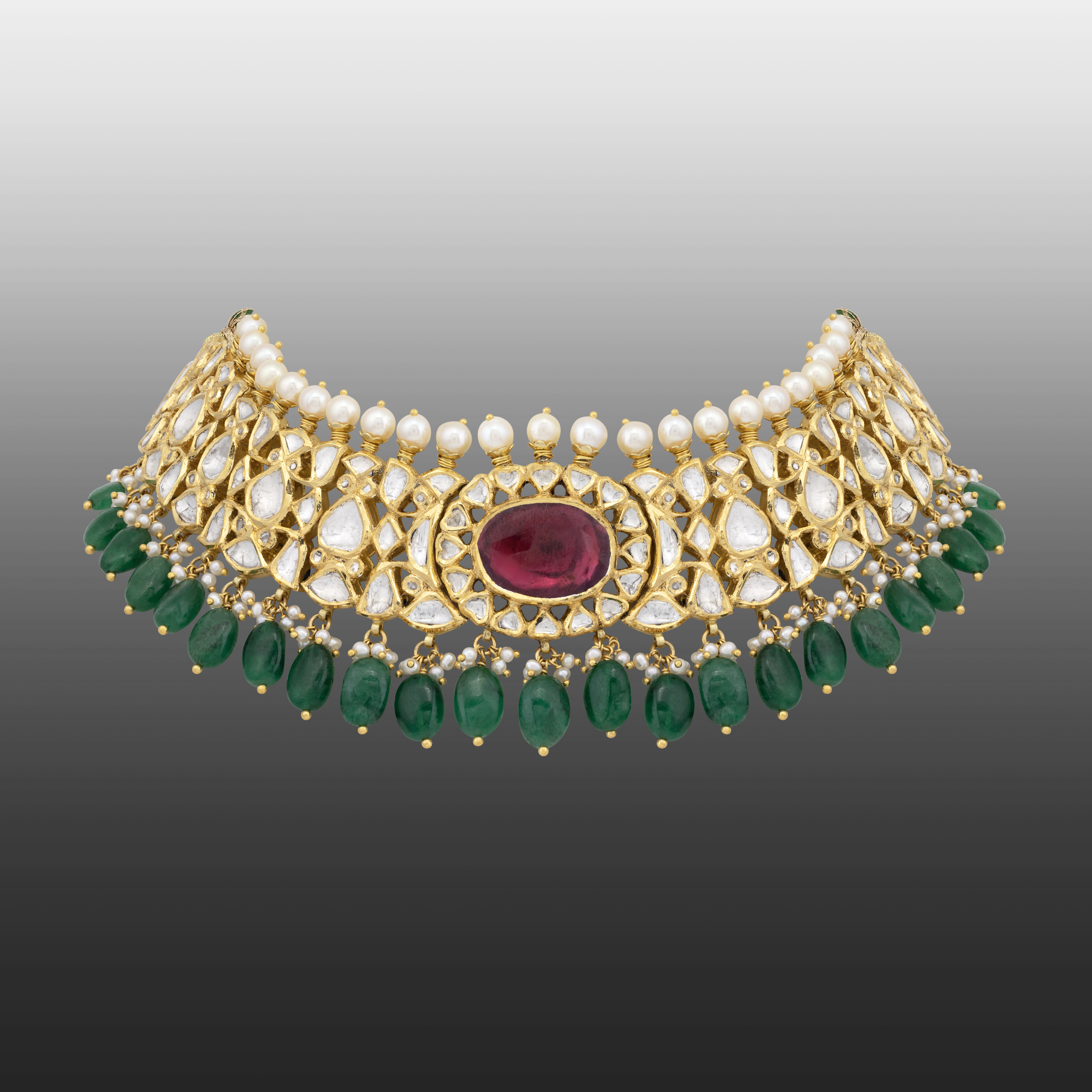 Polki Choker with Central Floral Ruby and Emerald Bead Fringe