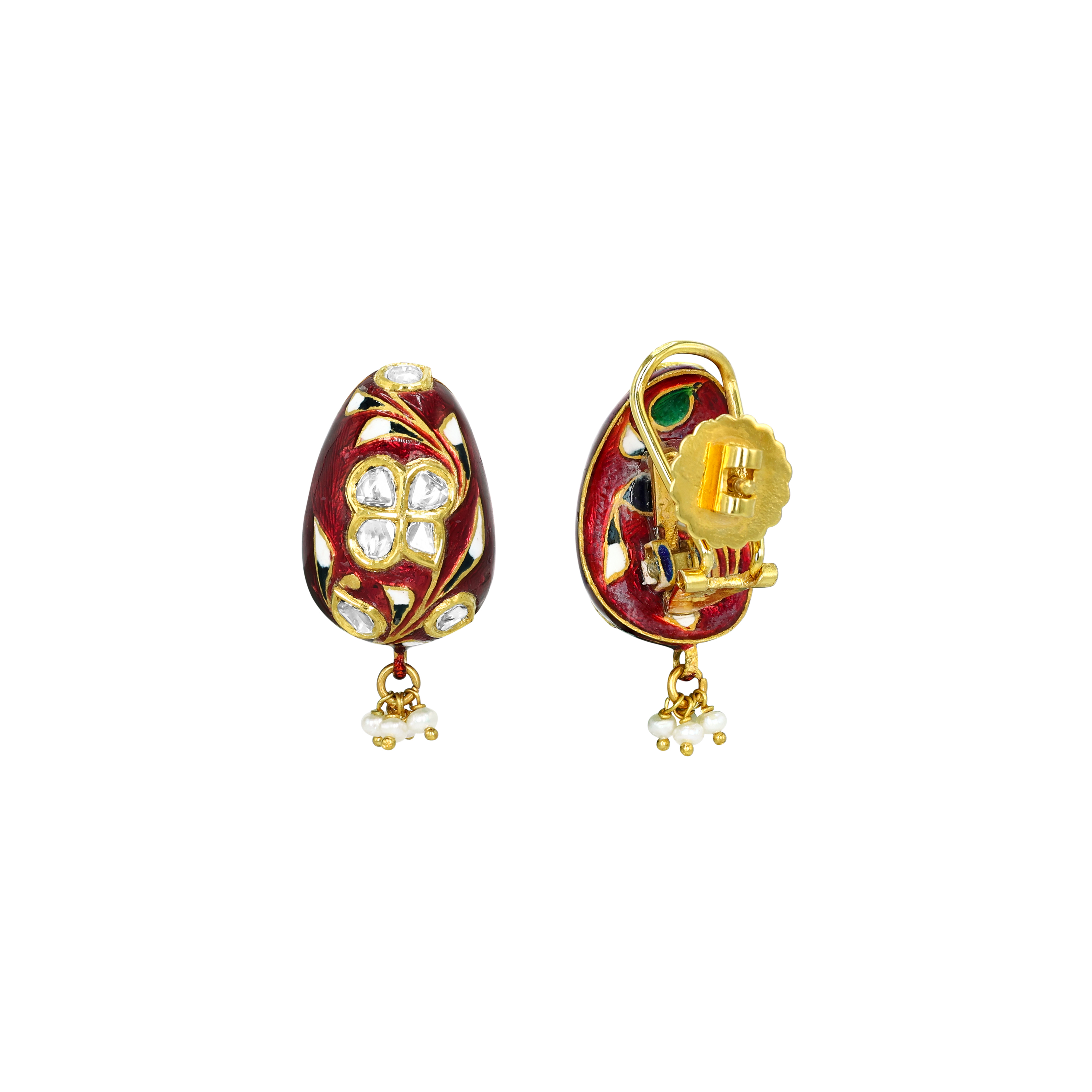 Polki Hasli Necklace Set with Red Enamel and Pearl Beads