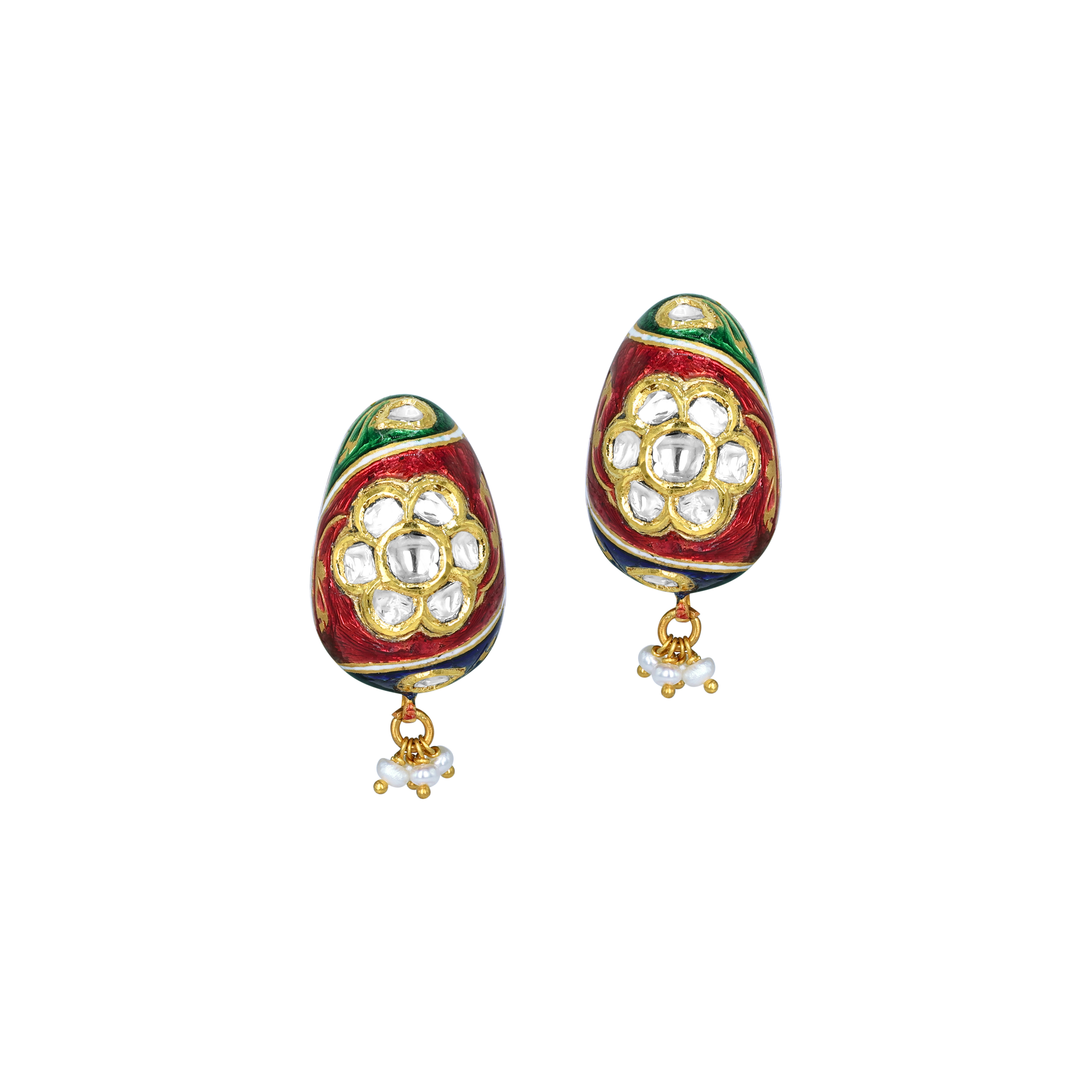 Enamel Hasli Necklace Set with Floral Motifs and Pearls