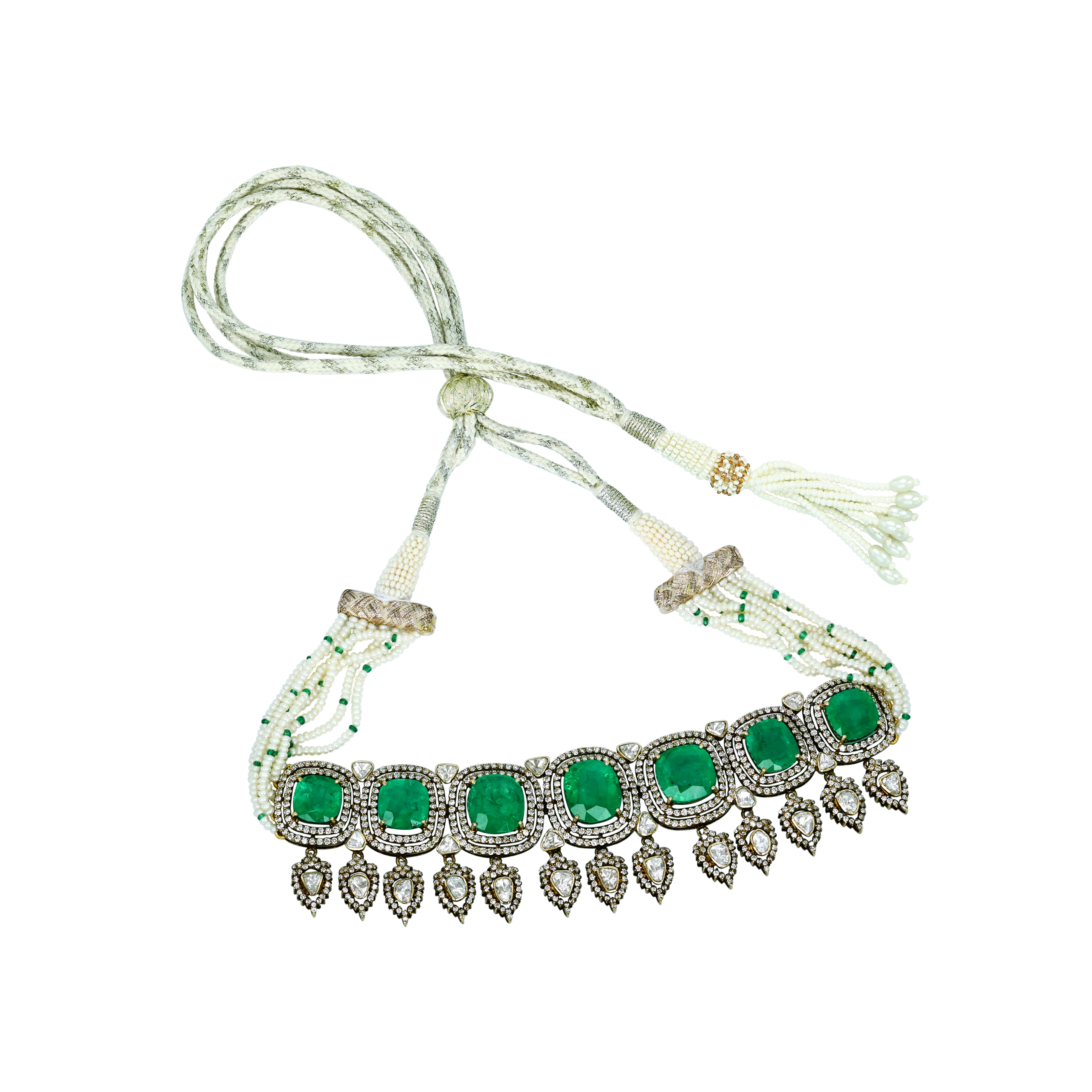 Antique Emerald Necklace Set with Diamond Halos and Teardrops