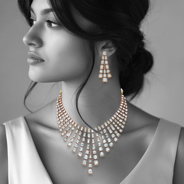 Rose Gold Polki Necklace Set with Cascading Fan-Like Design