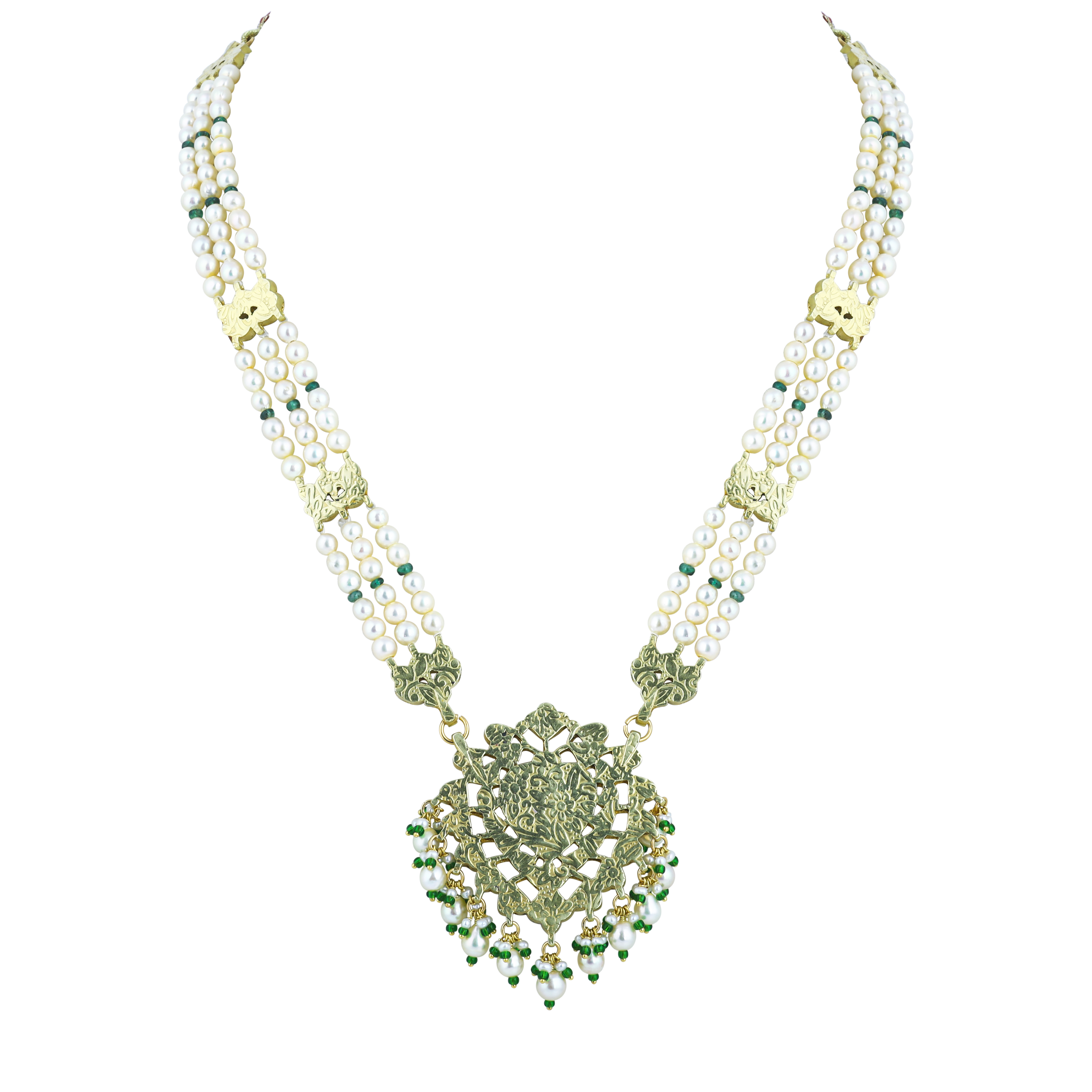 Pearl Pendant Necklace with Emerald Beads and Ruby Colour stones