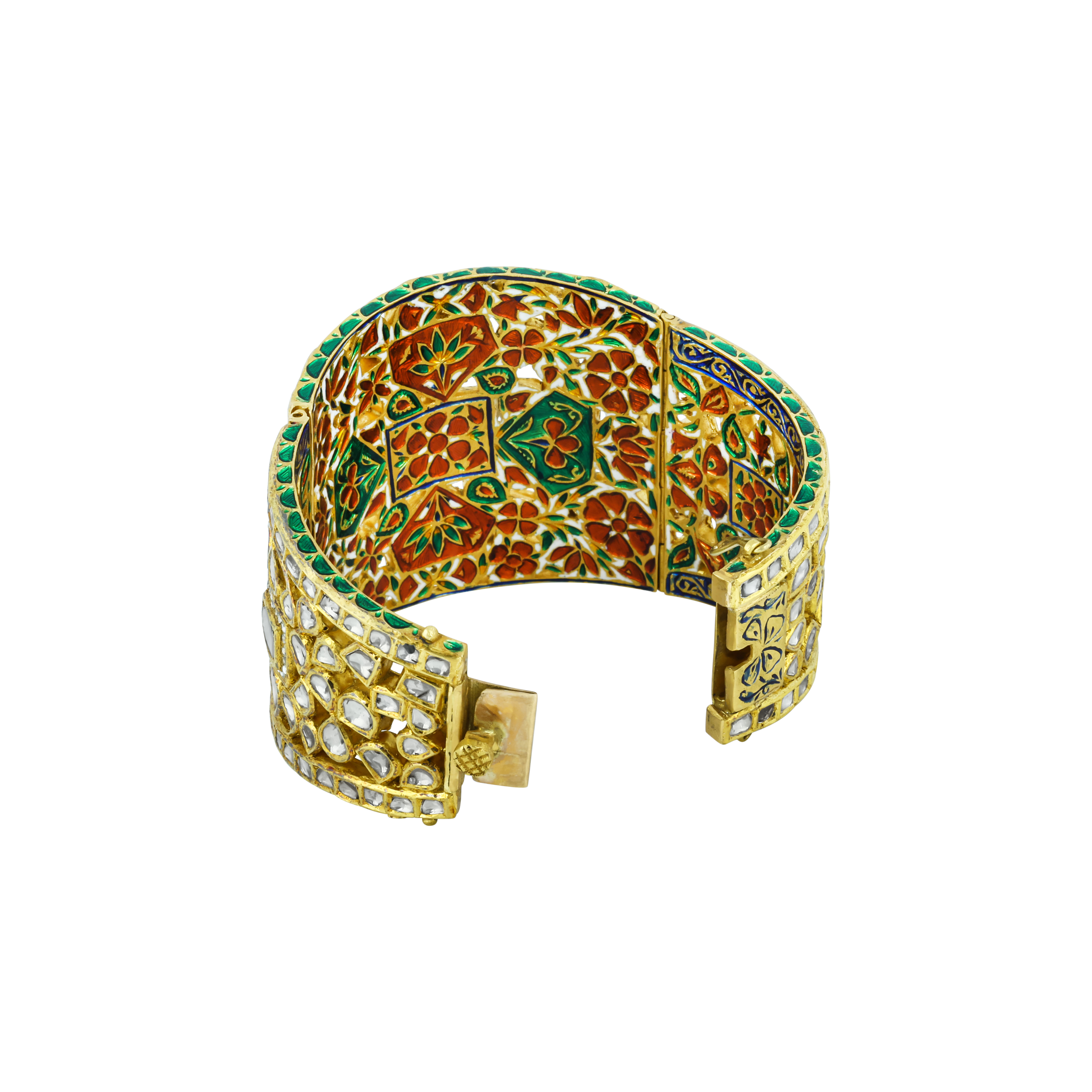 Broad Polki Cuff Bangle with Geometric Patterns