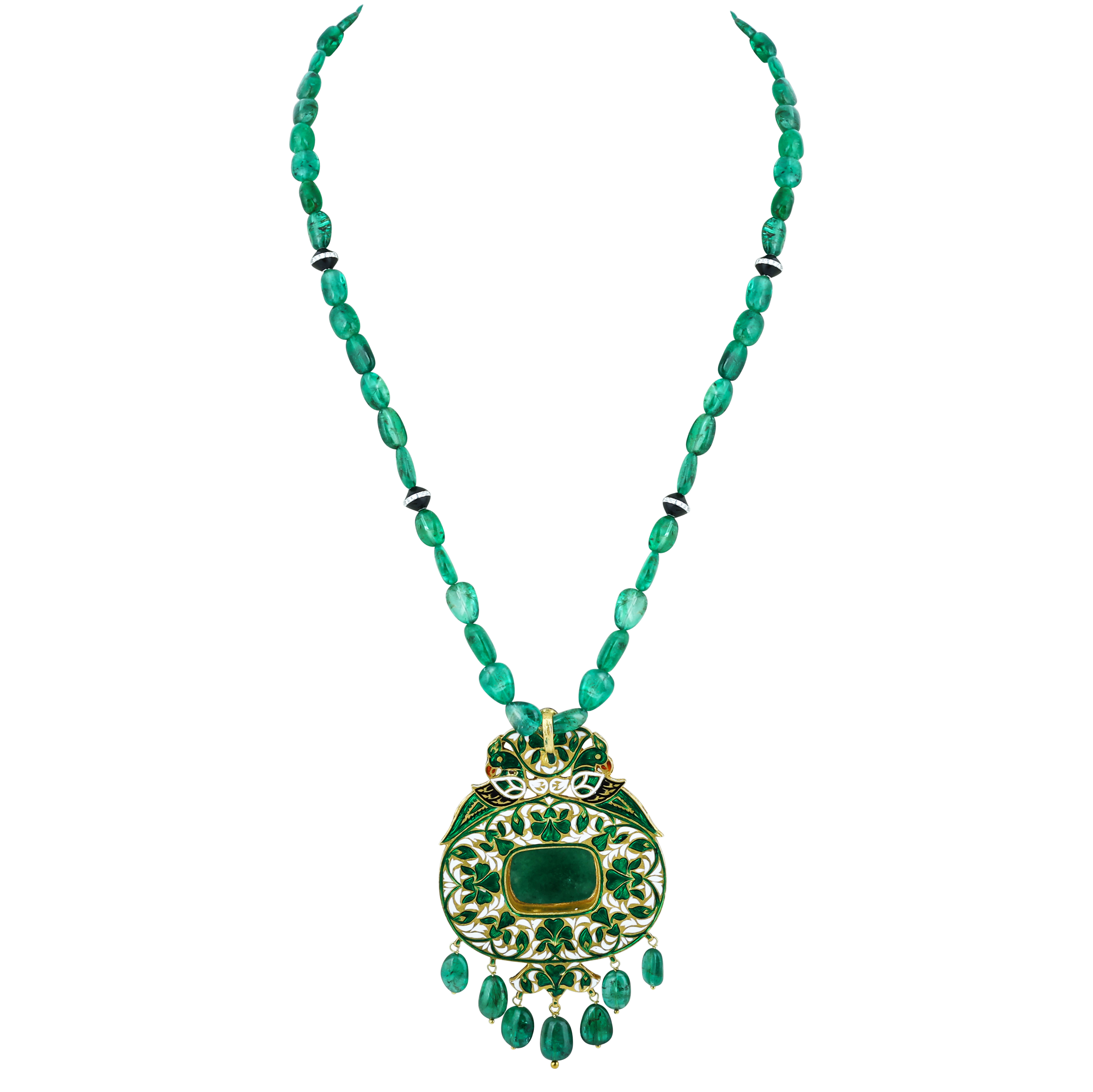 Emerald Bead Necklace Set with Red Talaf Pendant and Polki