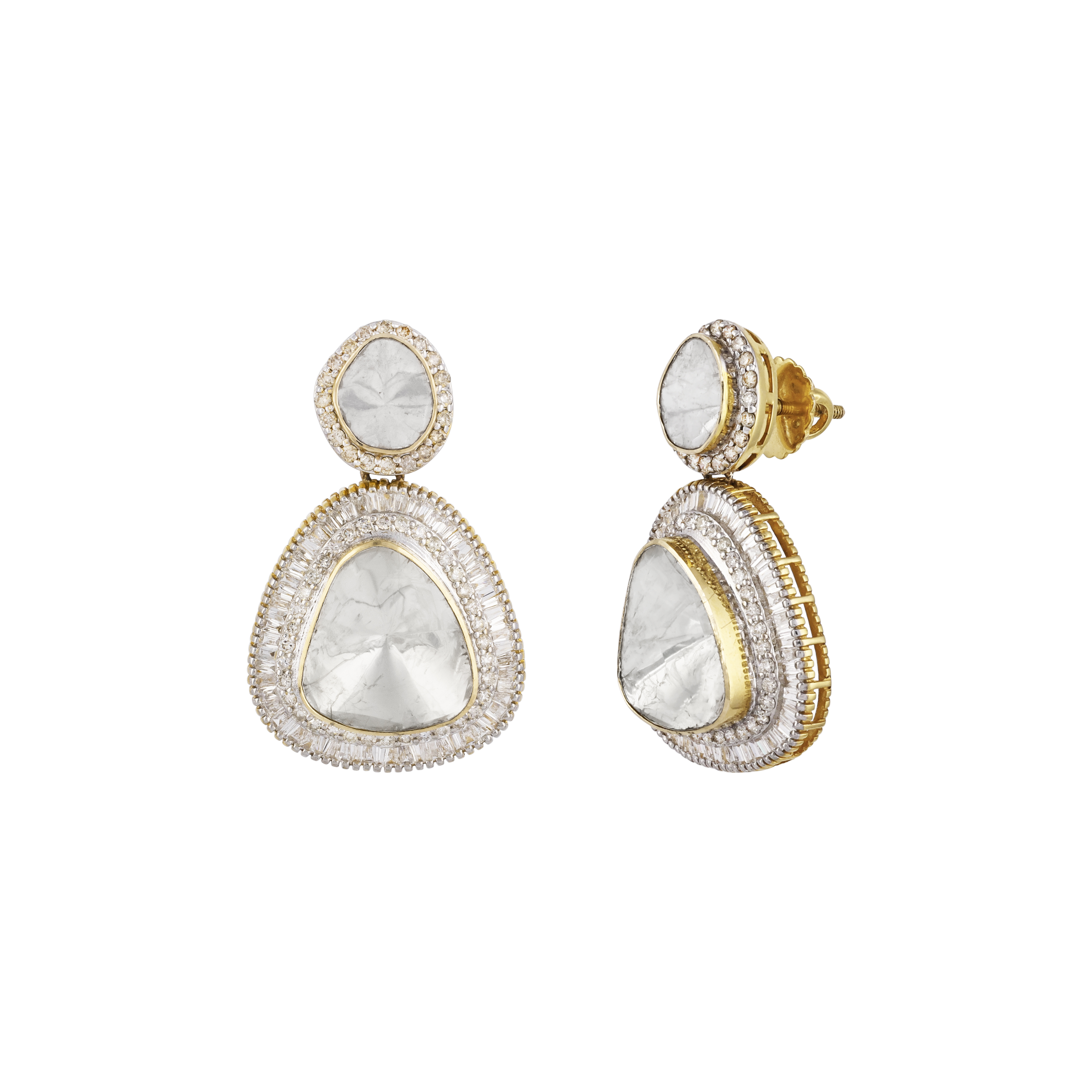 Triangular Polki Earrings with Double-Tier Design