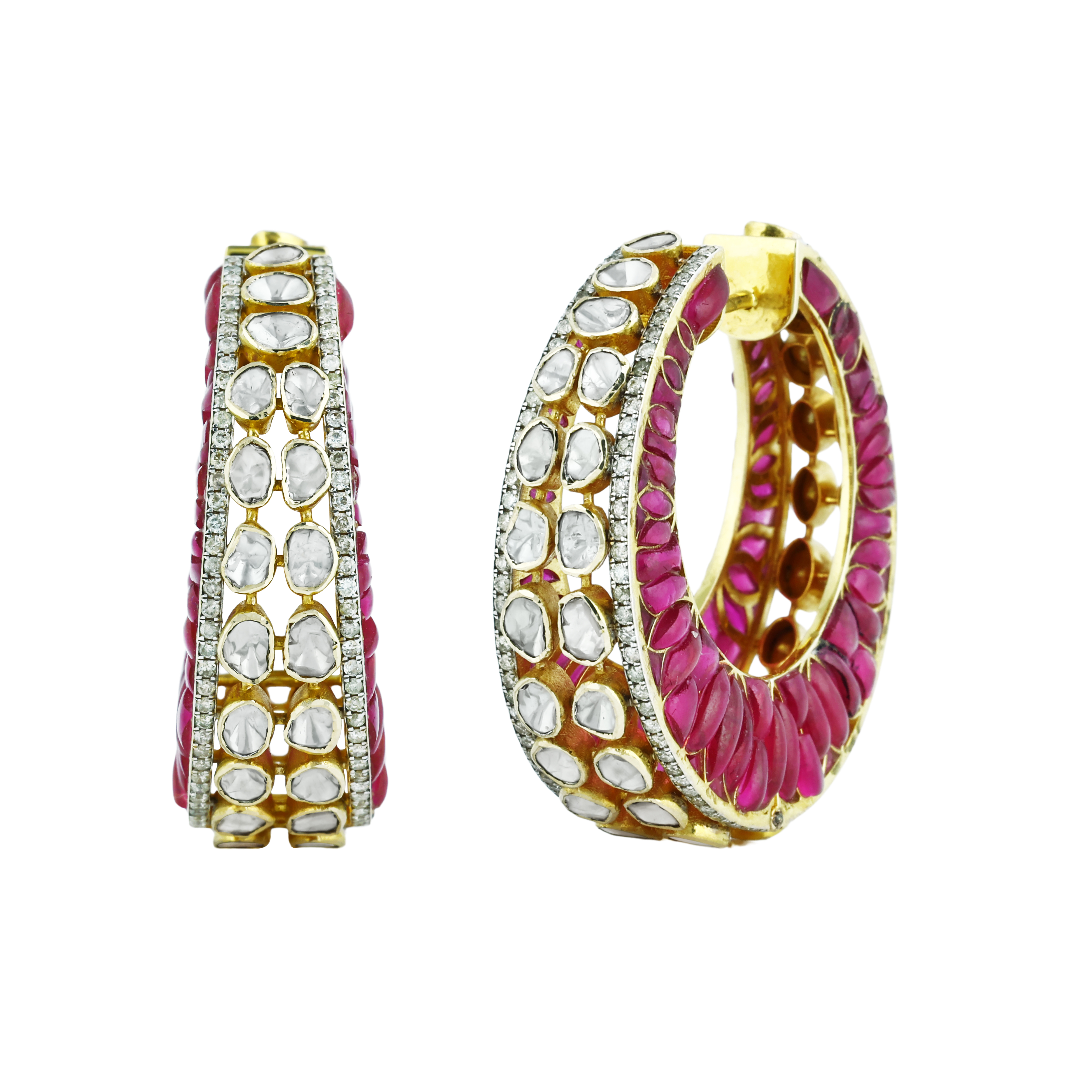 Polki Hoop Earrings with Red Talaf and Dual-Sided Design