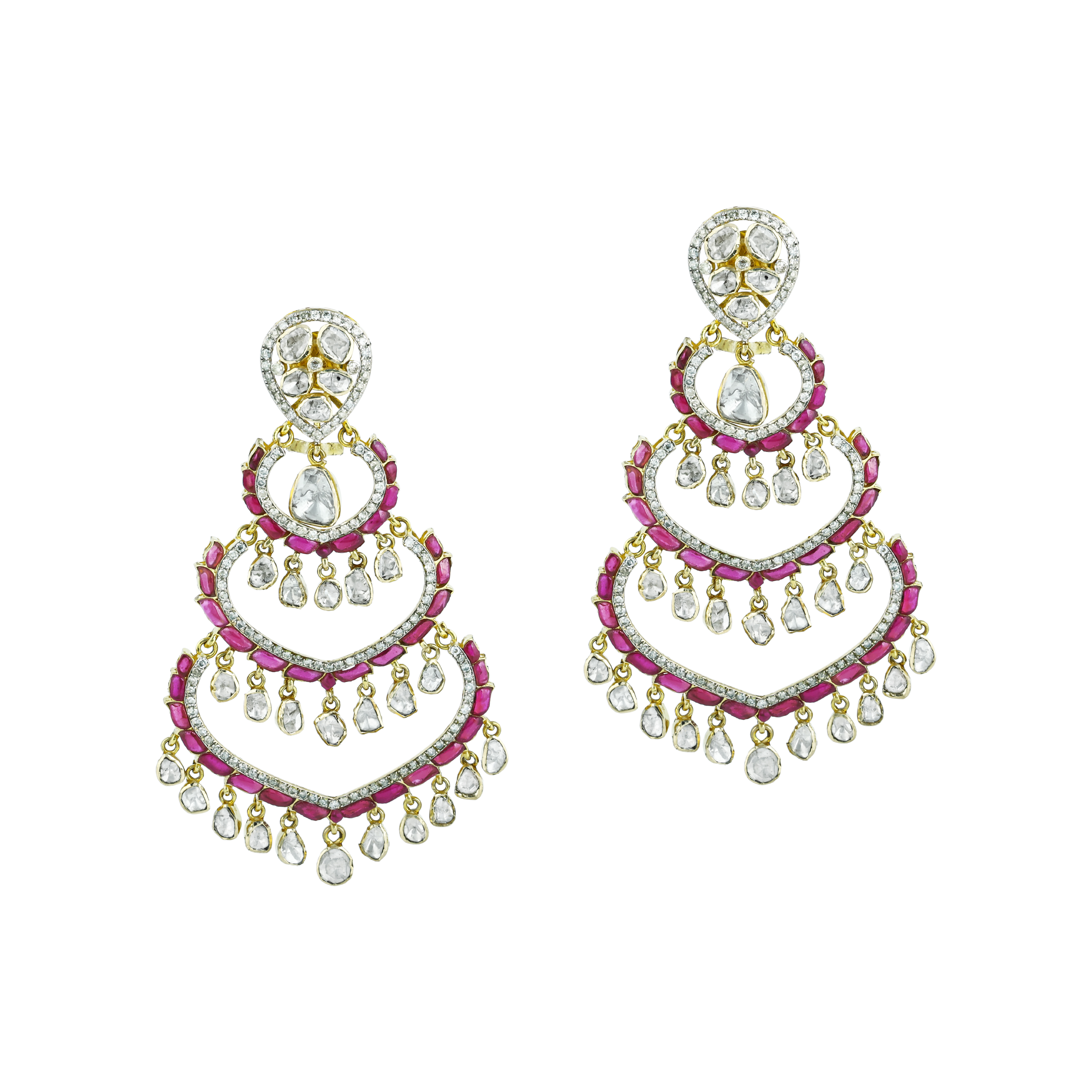 Chandelier Earrings with Polki, Red Talaf Accents and Diamonds