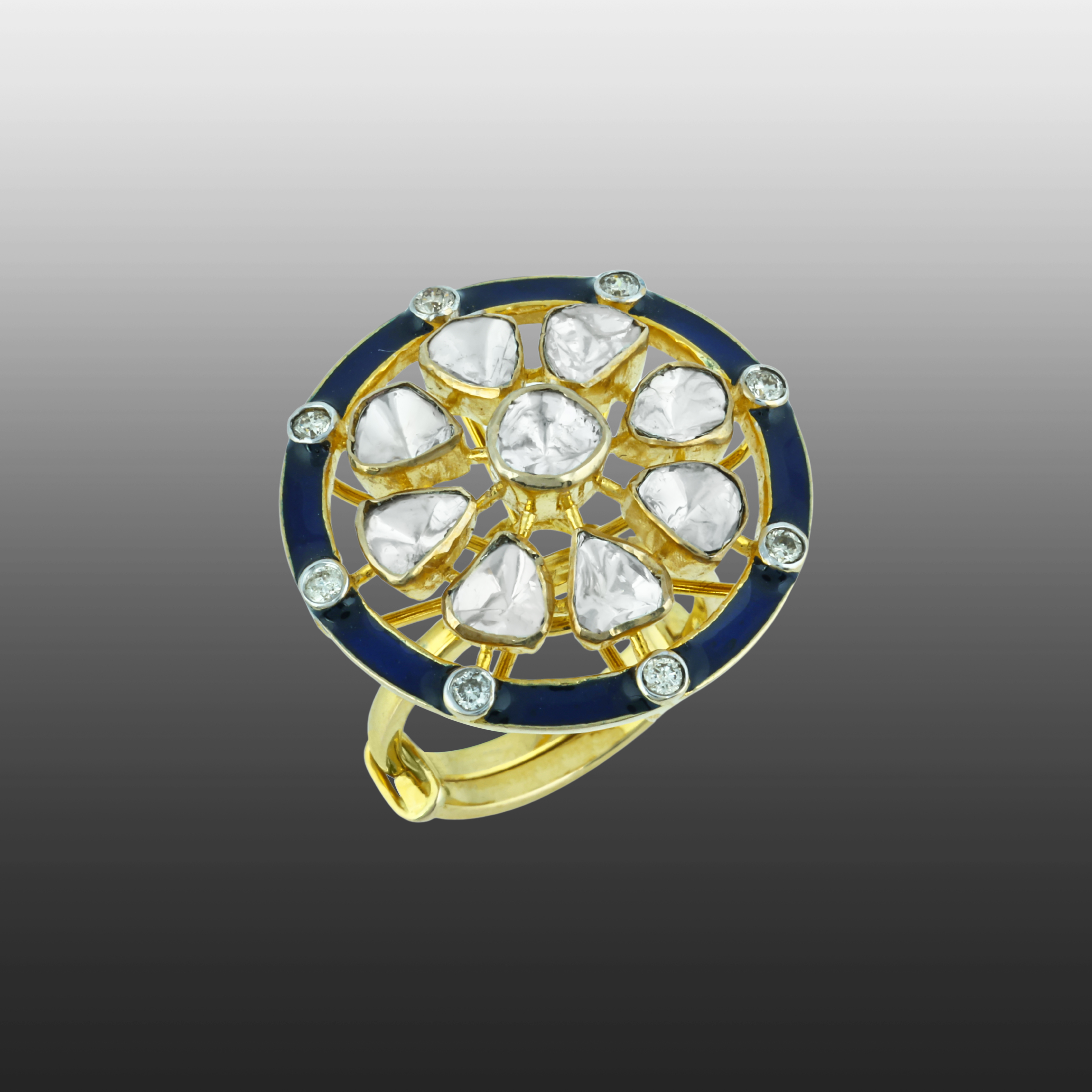 Polki Ring with Deep Blue Enamel Border and Diamond Accents