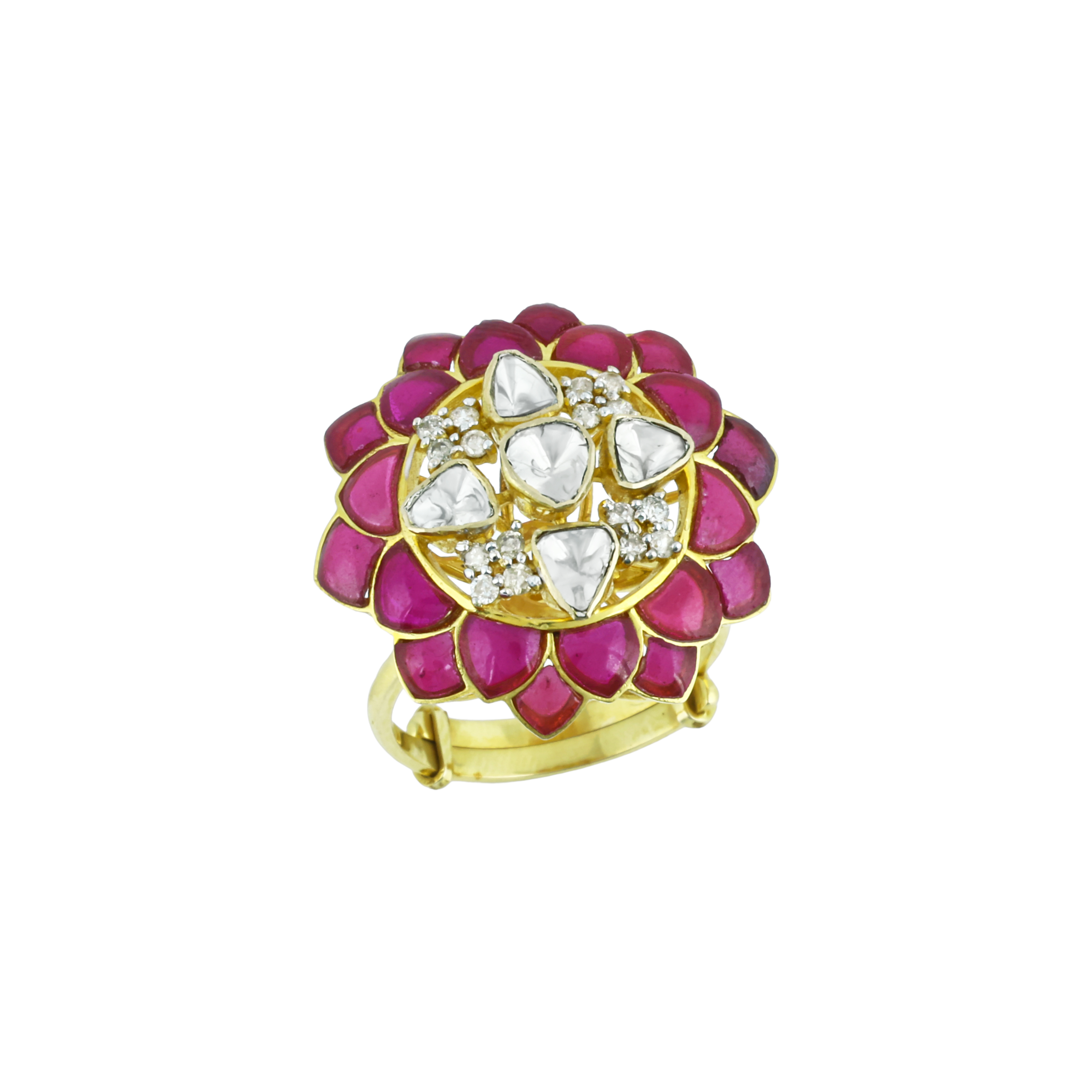 Floral Polki Ring with Pink Talaf and Diamond Polki