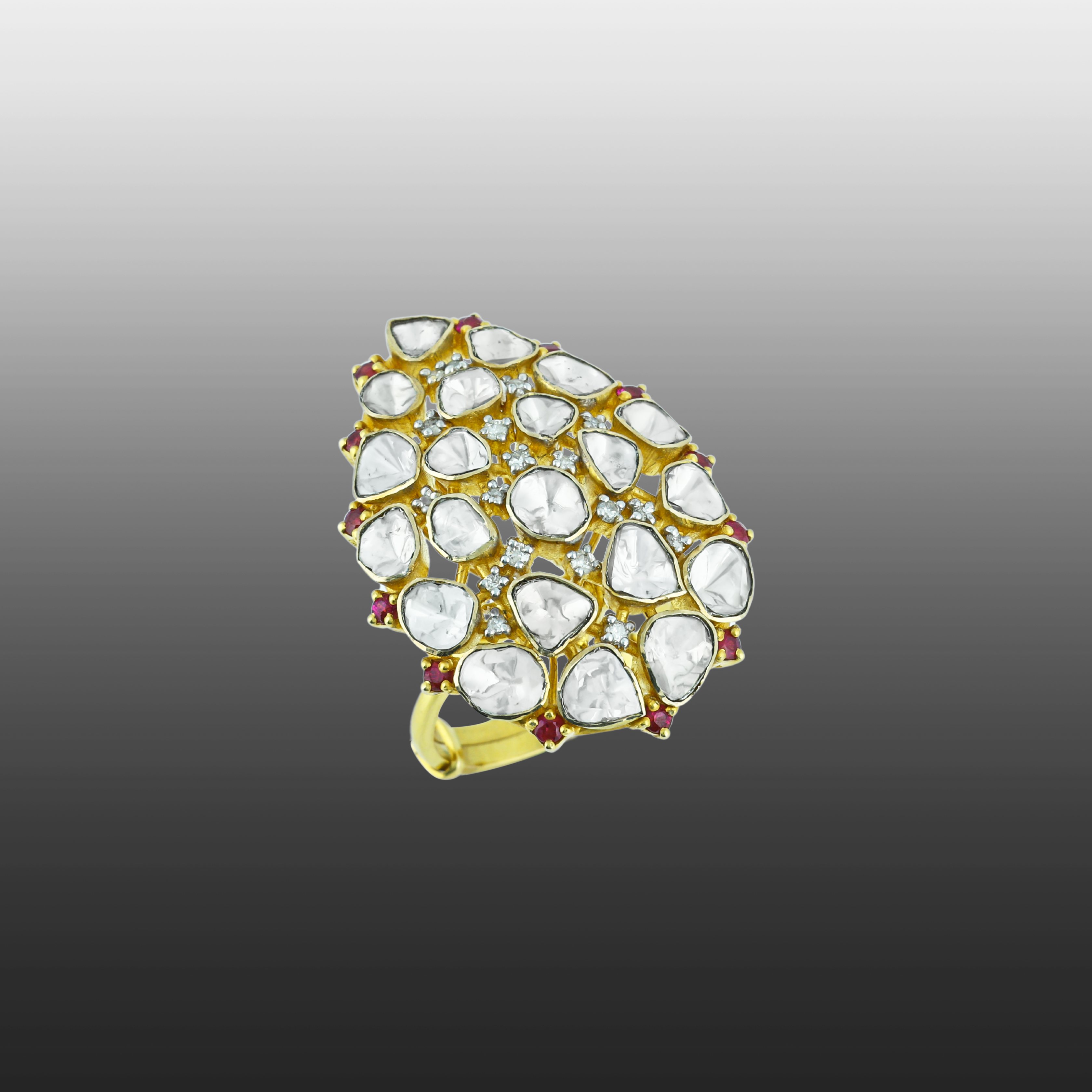 Teardrop Polki Ring with Red Accents and Polki Cluster