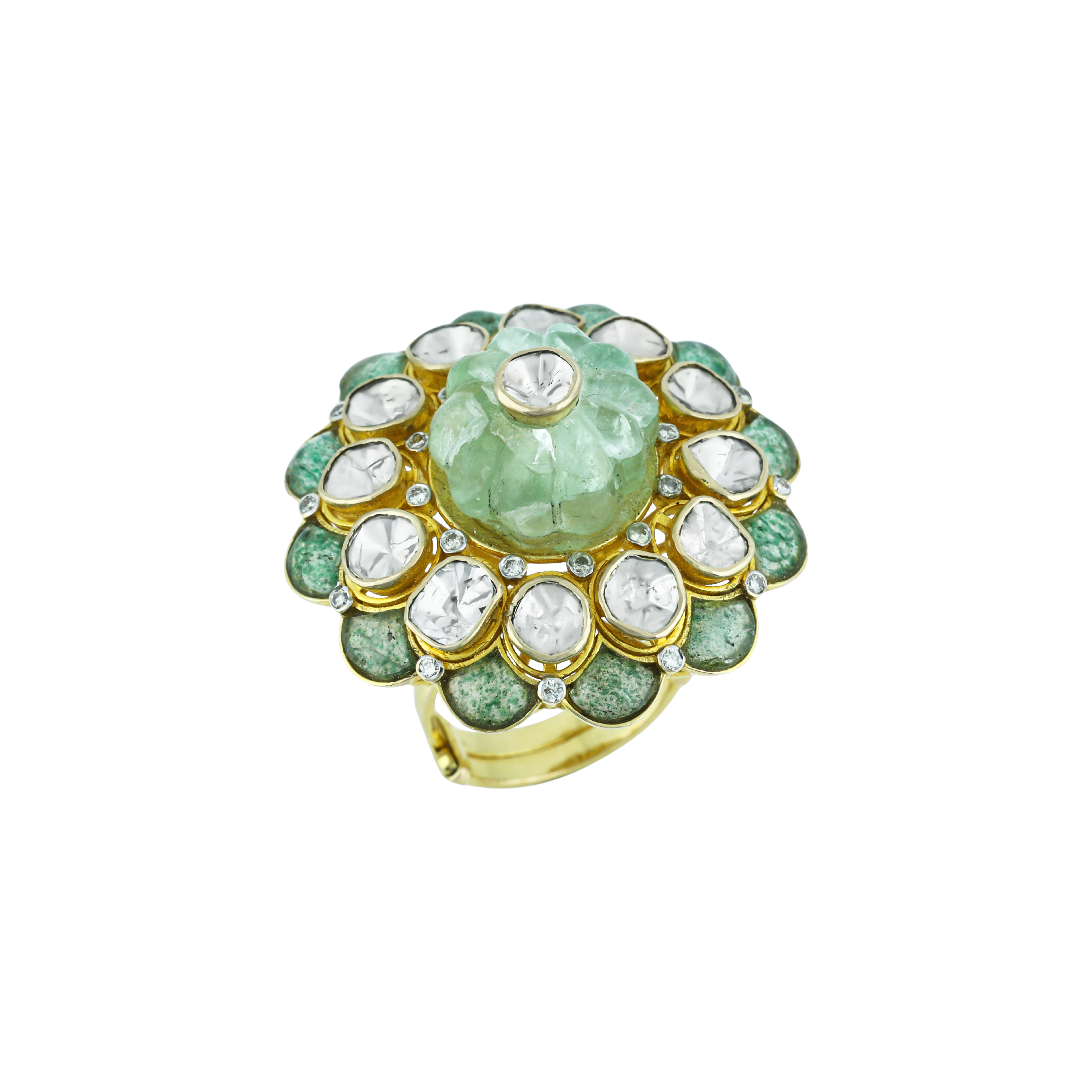 Floral Open Polki Ring with Center Melon Stone