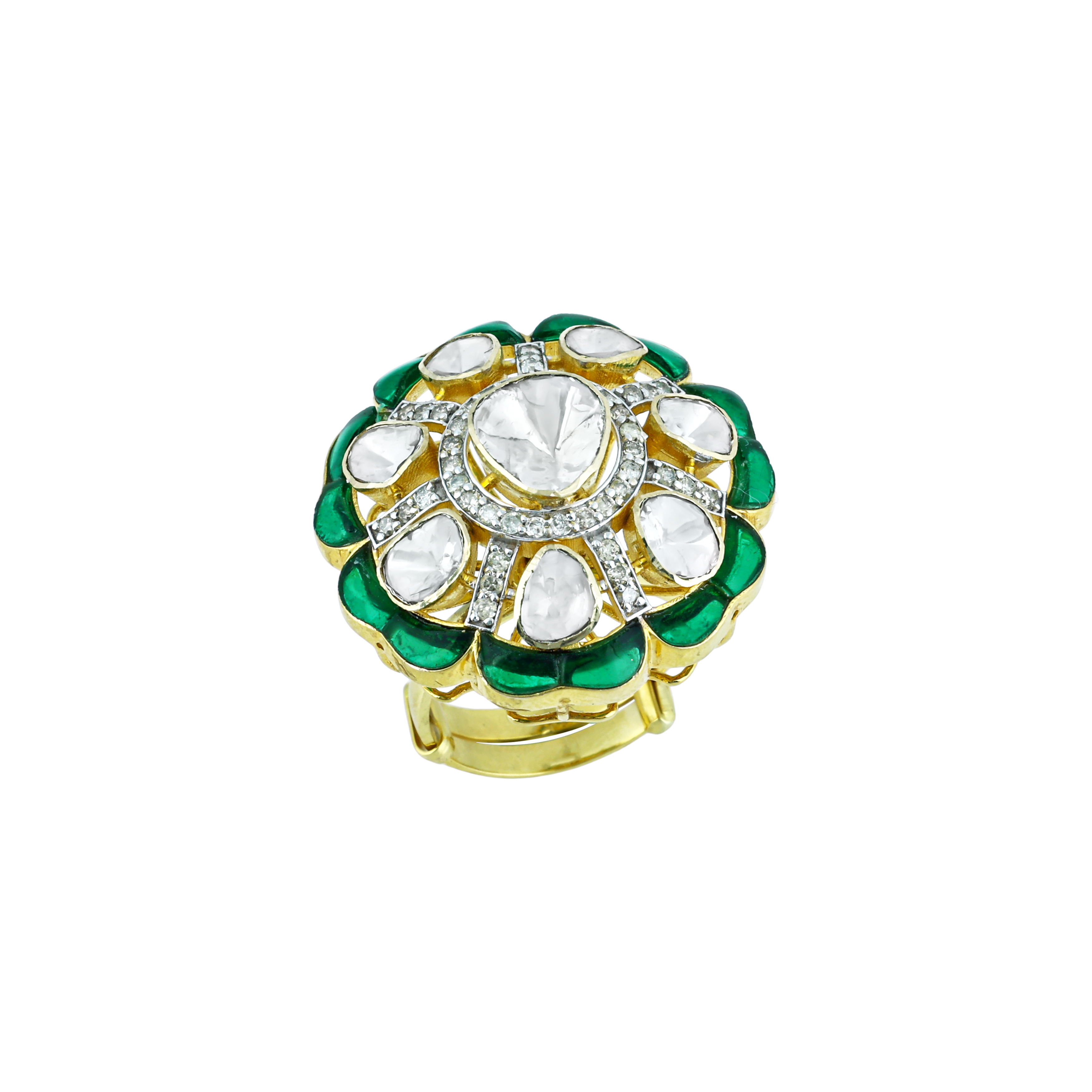 Statement Polki Ring with Green Talaf and Diamond Accents