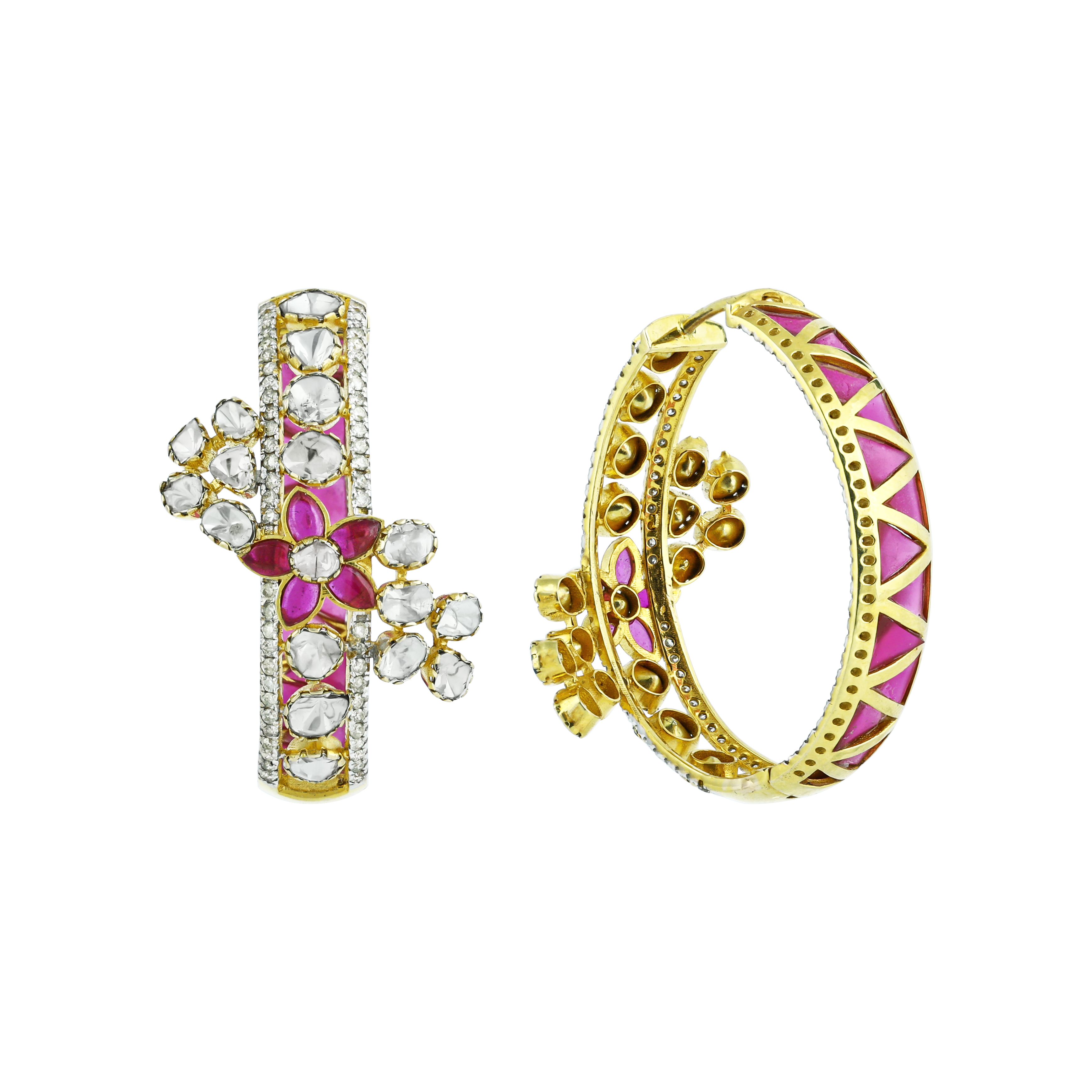 Polki Hoop Earrings with Pink Talaf and Diamonds